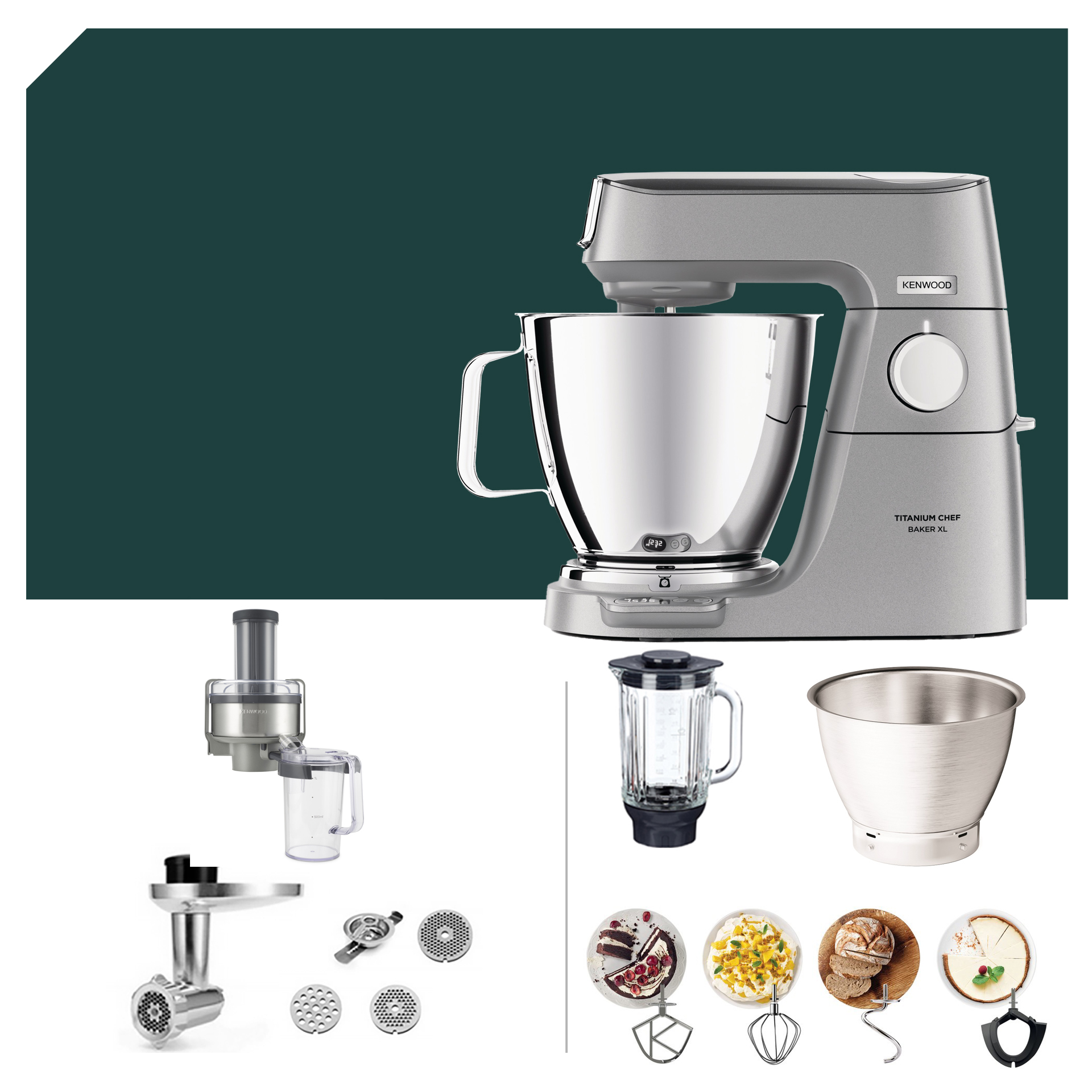 Kenwood Titanium Chef Baker XL KVL 85 mit Entsafter-Paket und Zubehör für vielseitige Küchenanwendungen. Ideal für kreative Kochprojekte.