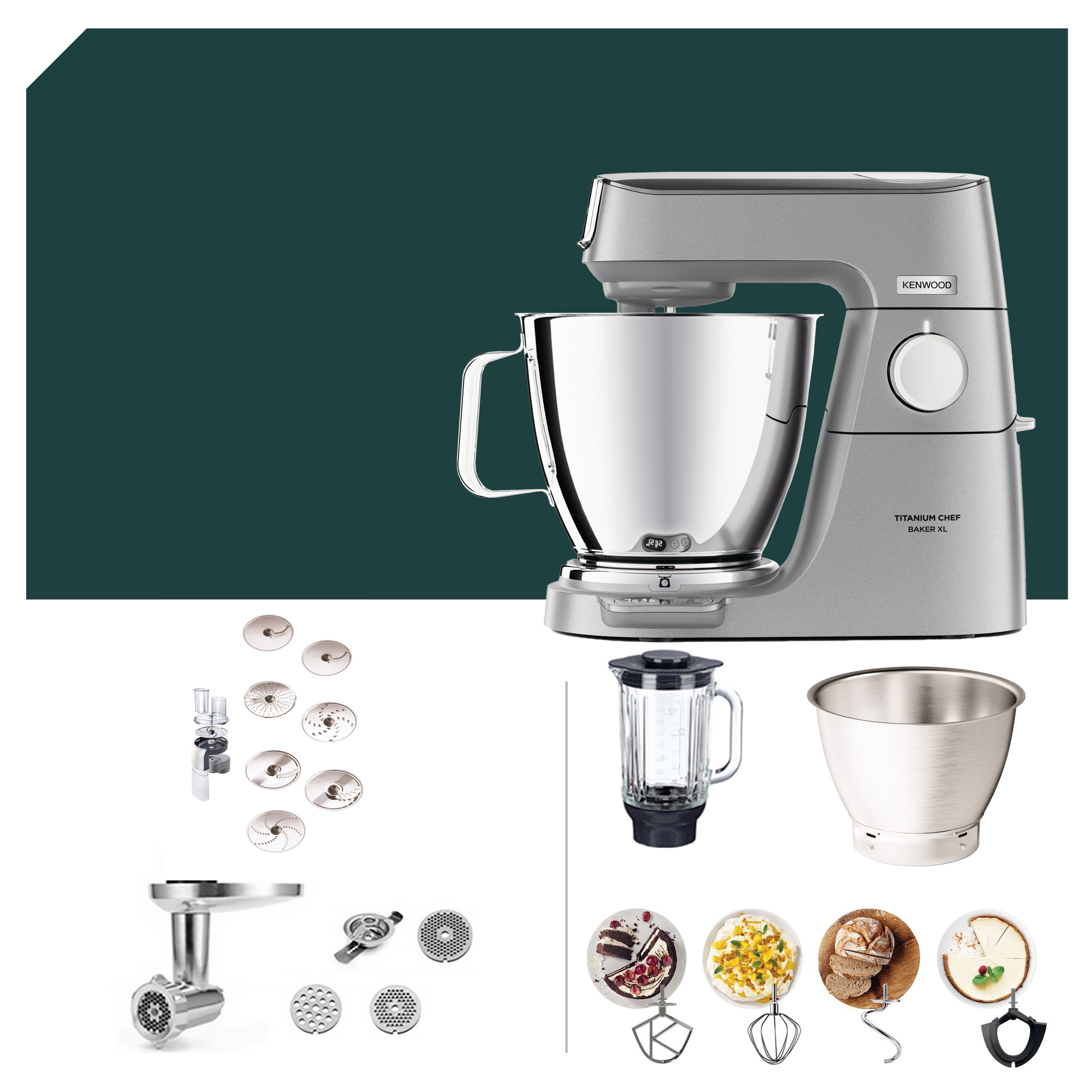 Kenwood Titanium Chef Baker XL KVL 85 mit Zubehör, inkl. Raspelset, Mixbehälter, Edelstahl-Schüssel und verschiedenen Aufsätzen. Ideal für leidenschaftliche Köche.