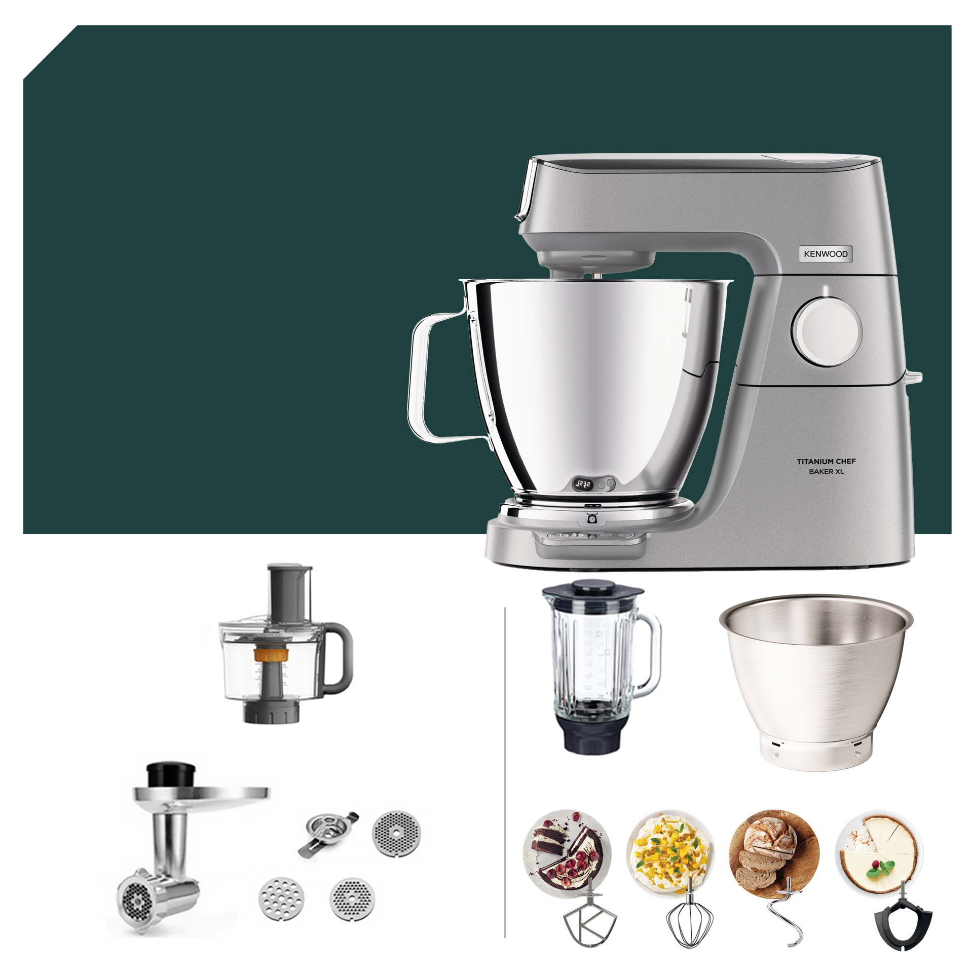 Multi Paket Kenwood Titanium Chef Baker XL KVL 85: Küchenmaschine mit Zubehör für vielseitige Zubereitungen. Hochwertige Materialien und Funktionen.
