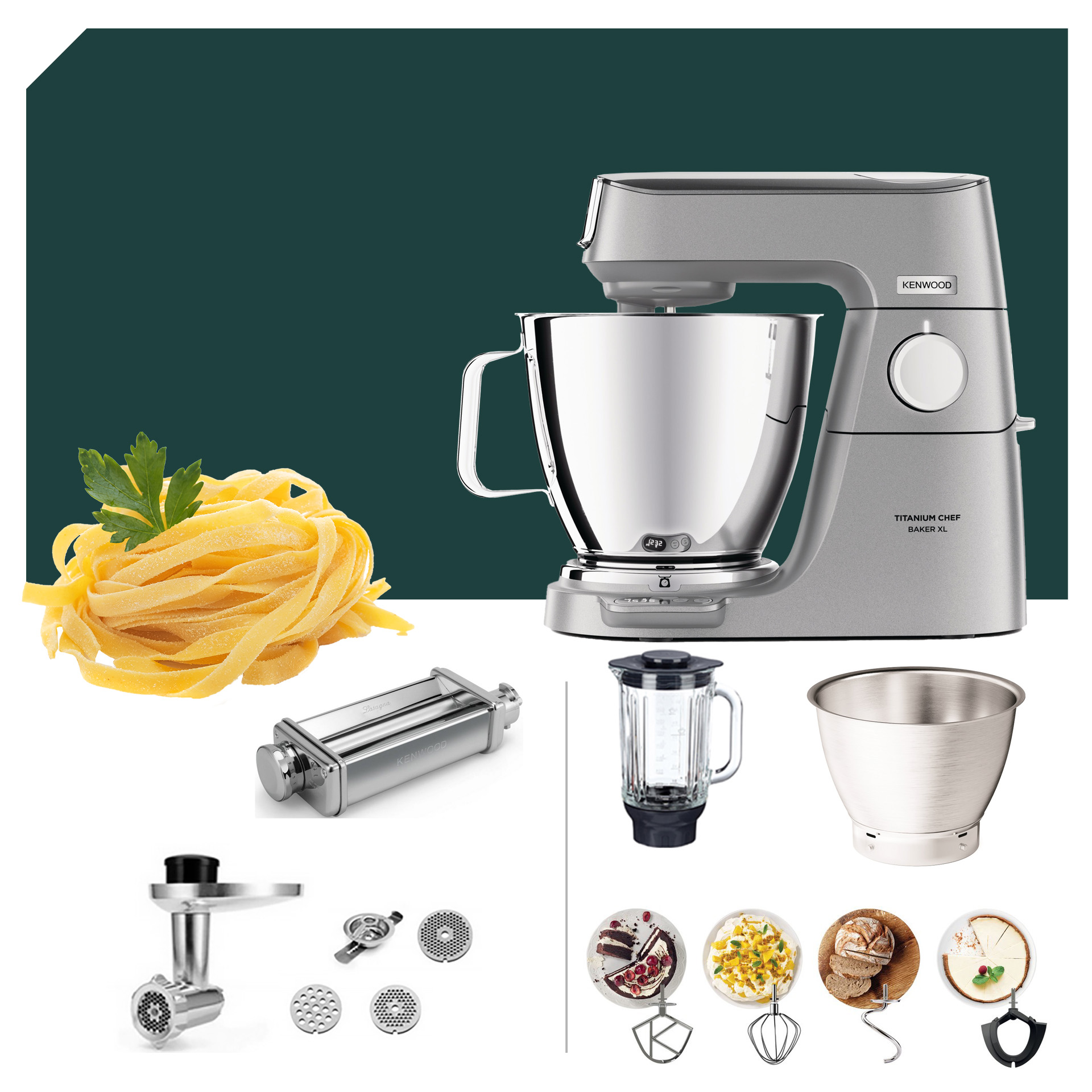 Kenwood Titanium Chef Baker XL KVL 85, inklusive Pasta Paket und Zubehör wie Mixer, Schüssel und verschiedene Aufsätze für vielseitige Küchenanwendungen.
