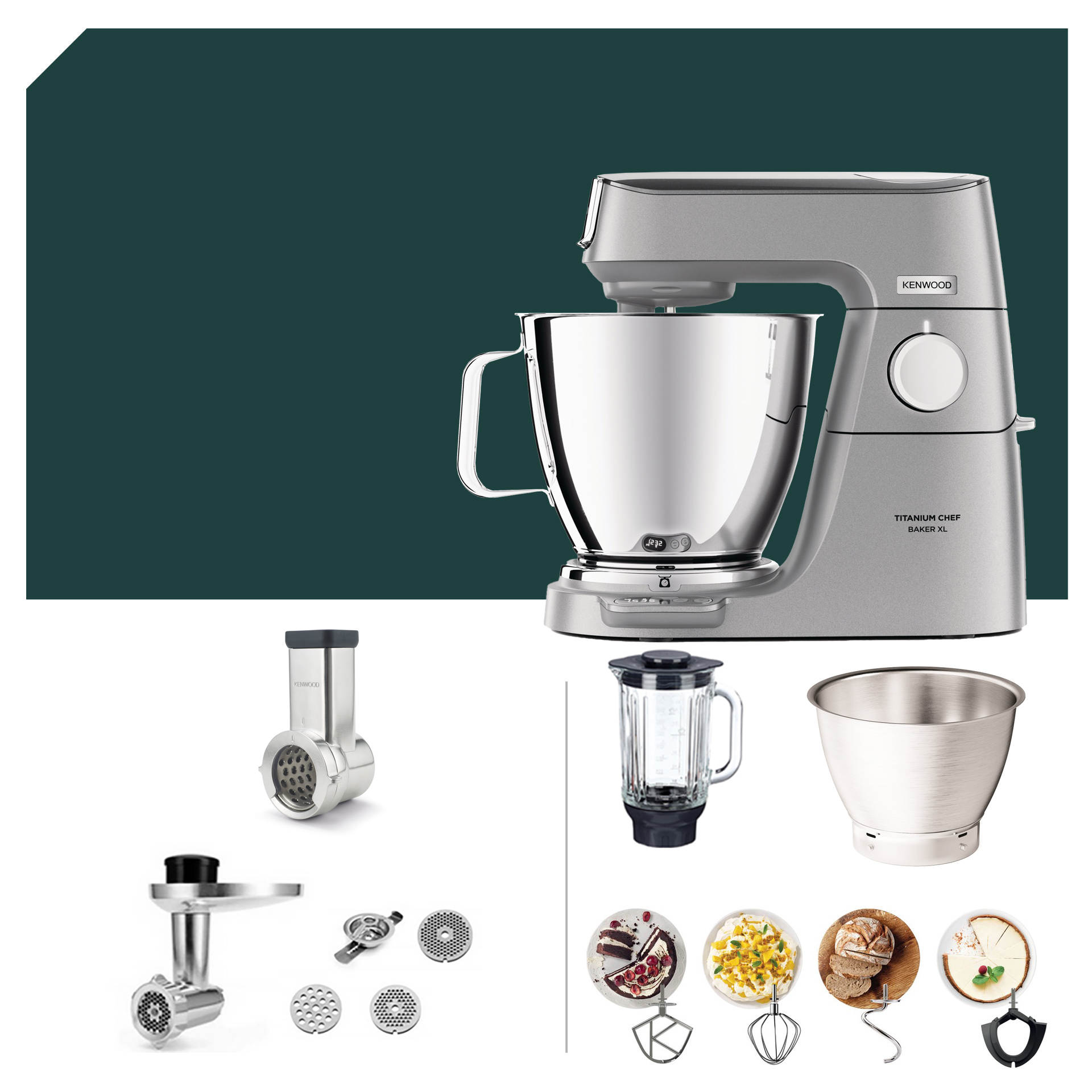 Küchenmaschinen-Zubehör: Kenwood Titanium Chef Baker XL KVL 85 mit verschiedenen Reiben, Mixbehälter und Schüsseln für vielseitige Anwendungen.