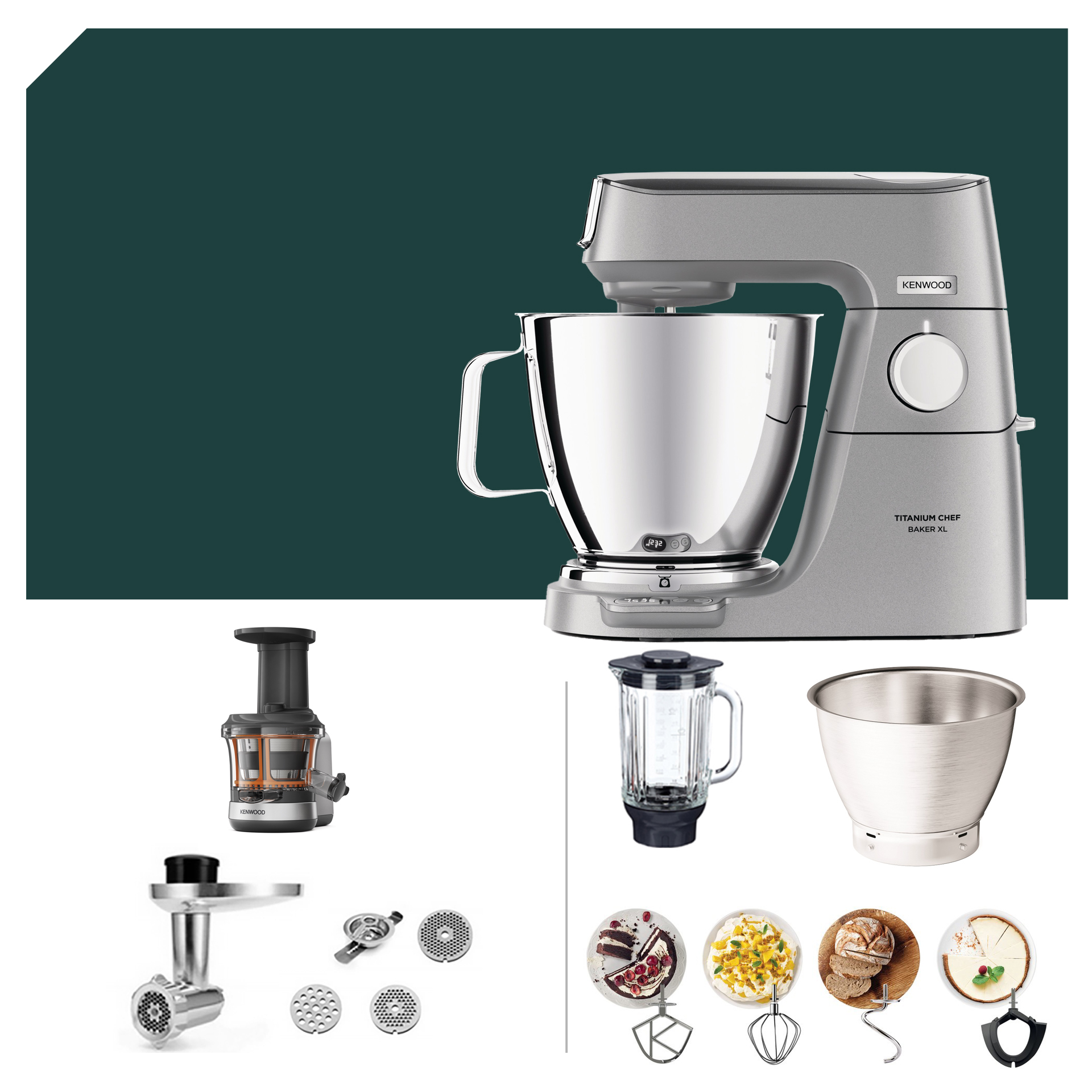 Kenwood Titanium Chef Baker XL KVL 85 mit Slow Juicer Zubehör: vielseitige Küchenmaschine für gesunde Säfte und kreative Kochideen.