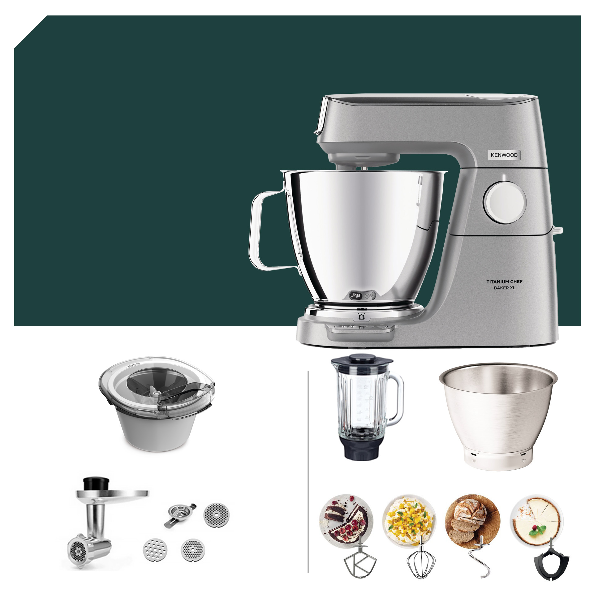 Kenwood Titanium Chef Baker XL KVL 85, Sommer Paket mit Zubehör: Rührschüssel, Mixer und verschiedene Aufsätze für vielseitige Küchenanwendungen.