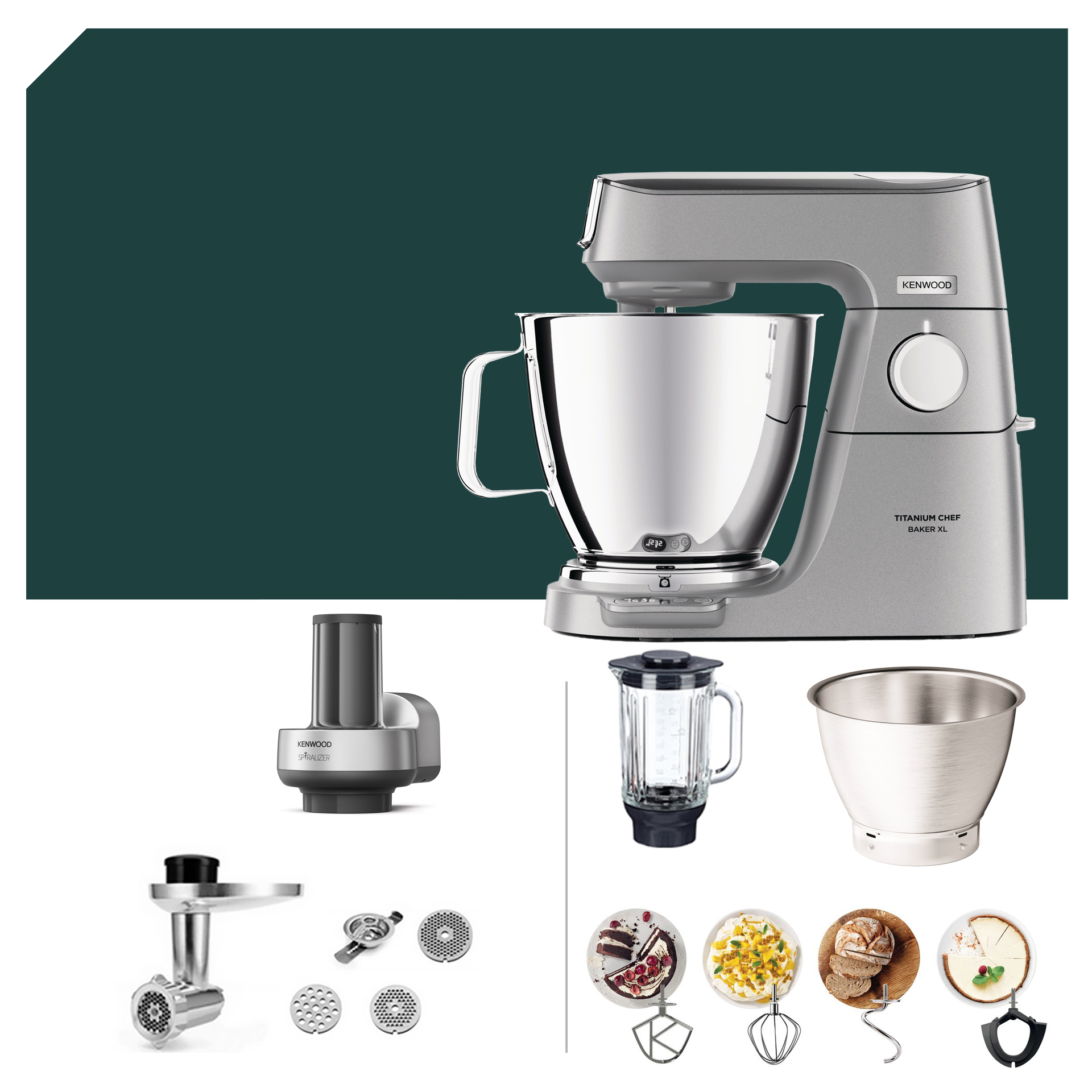Kenwood Titanium Chef Baker XL KVL 85 mit Spiralschneider-Paket und Zubehör für vielseitiges Kochen und Backen.