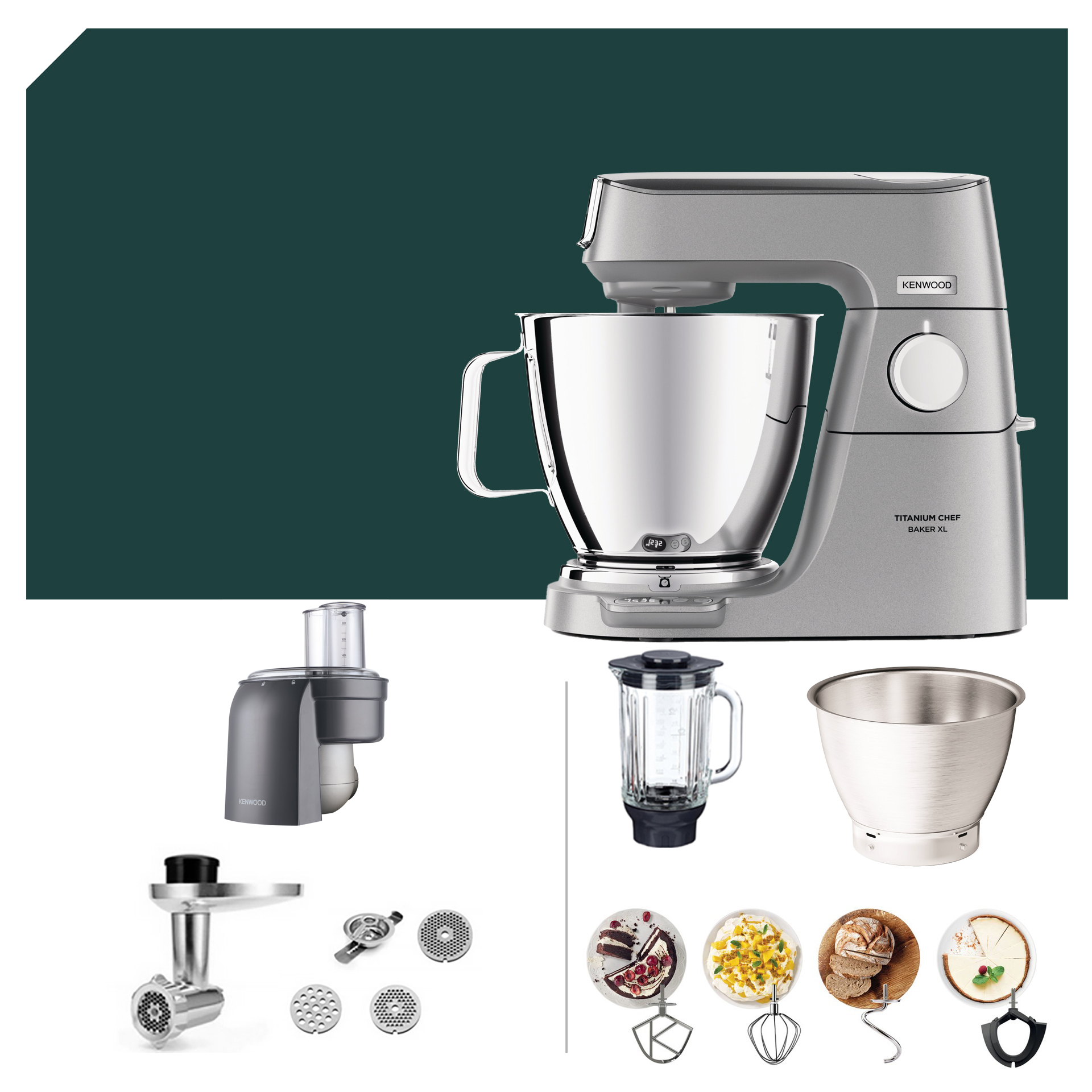 Kenwood Titanium Chef Baker XL KVL 85 mit Zubehör: Würfelschneider, Mixaufsatz, Edelstahl-Rührschüssel und verschiedene Rührwerkzeuge.