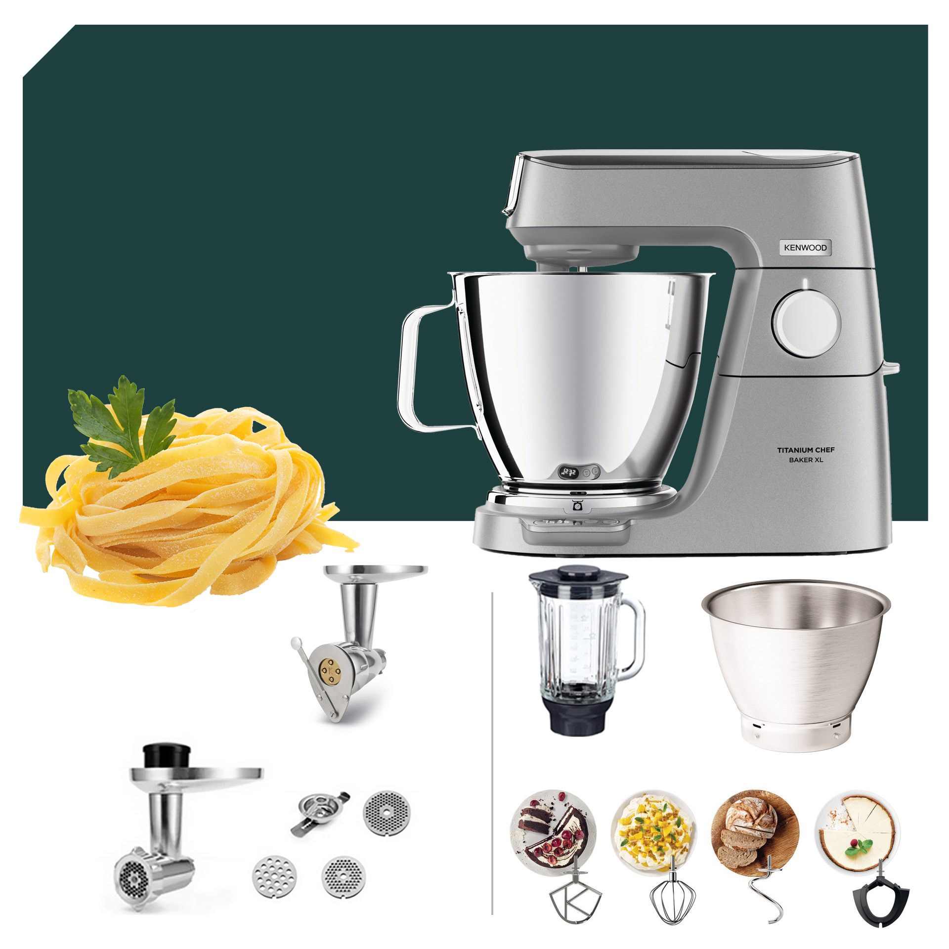 Küchenmaschine Kenwood Titanium Chef Baker XL KVL 85 mit Zubehör: Knetmaschine, Mixer, verschiedene Aufsätze und Teigschüssel.