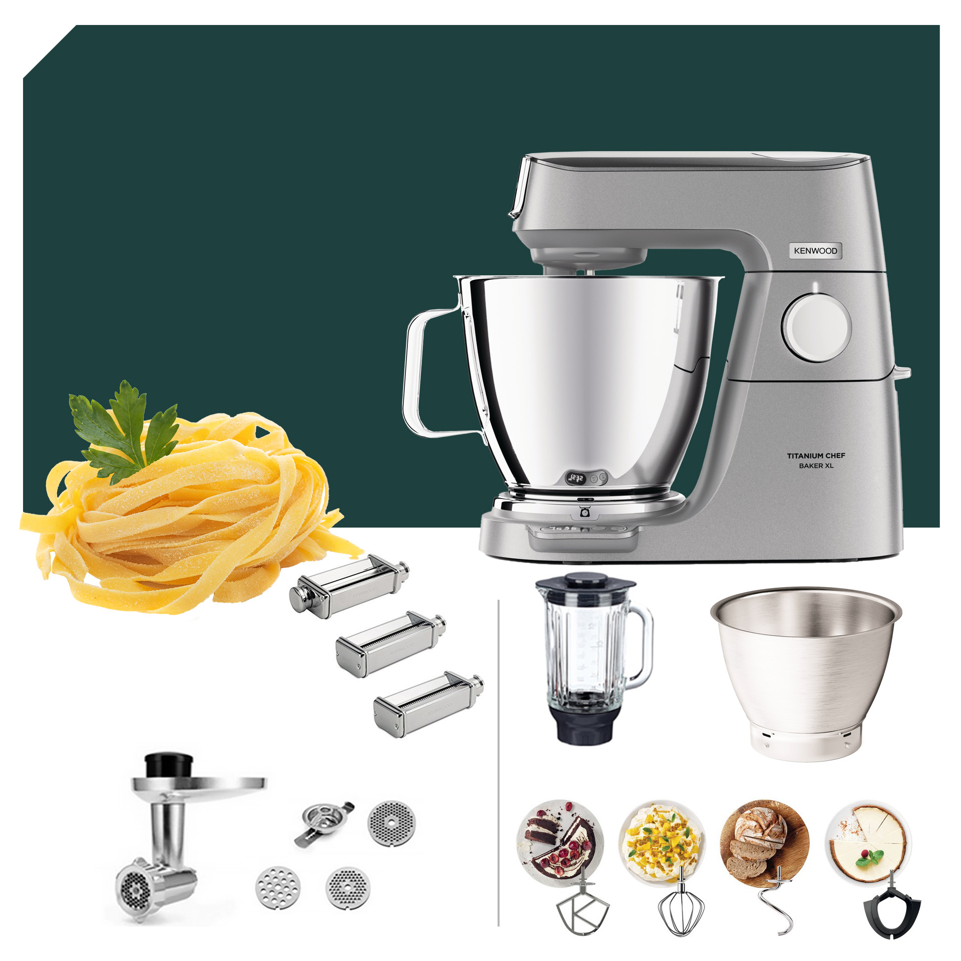 Kenwood Titanium Chef Baker XL KVL 85 mit Pasta Deluxe Paket, Zubehör für die Zubereitung von Pasta und weiteren Gerichten.
