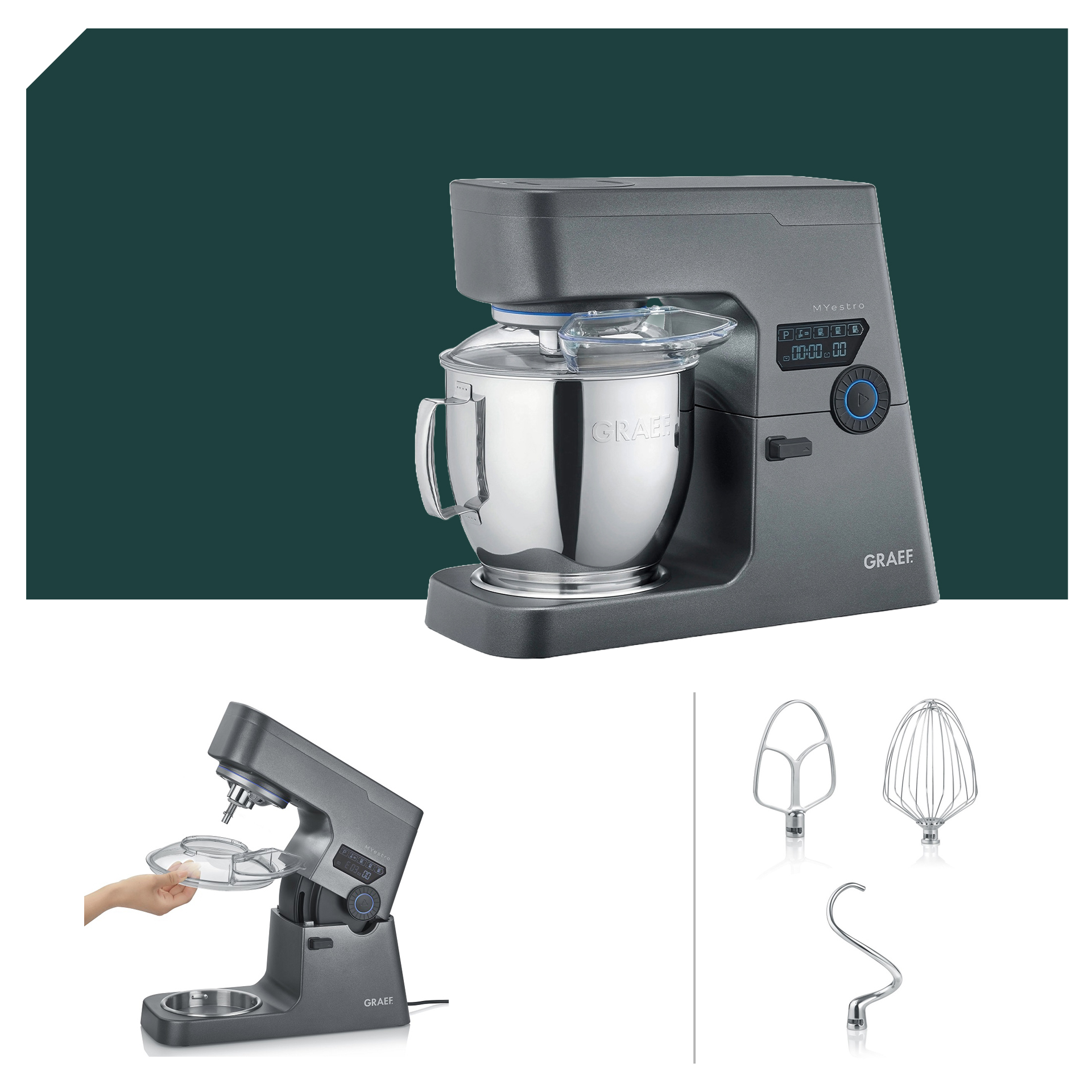 Graef MYestro Küchenmaschine KM 7016 Starter Set mit Edelstahl-Rührschüssel und Zubehör für vielseitige Kücheneinsätze.