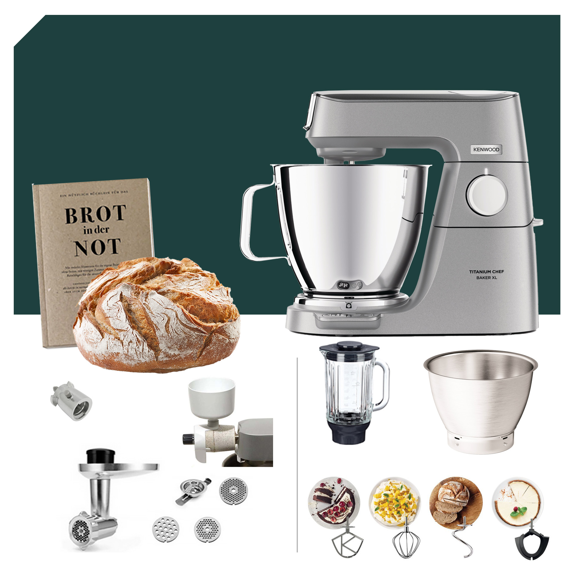 Küchenmaschinen-Zubehör: Kenwood Titanium Chef Baker XL KVL 85, Brotback Paket, Mixer, Rührschüssel, Aufsätze für vielseitige Zubereitung.