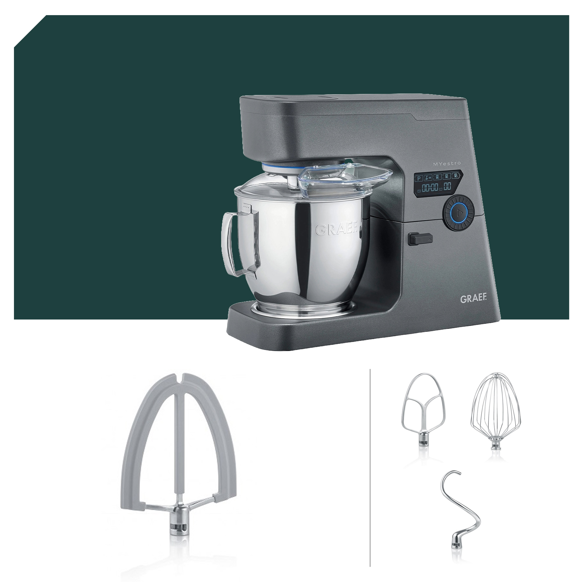 Graef Myestro KM 7016 Küchenmaschine im Patissier Paket mit verschiedenen Rührwerken. Ideal für Back- und Kochenthusiasten.