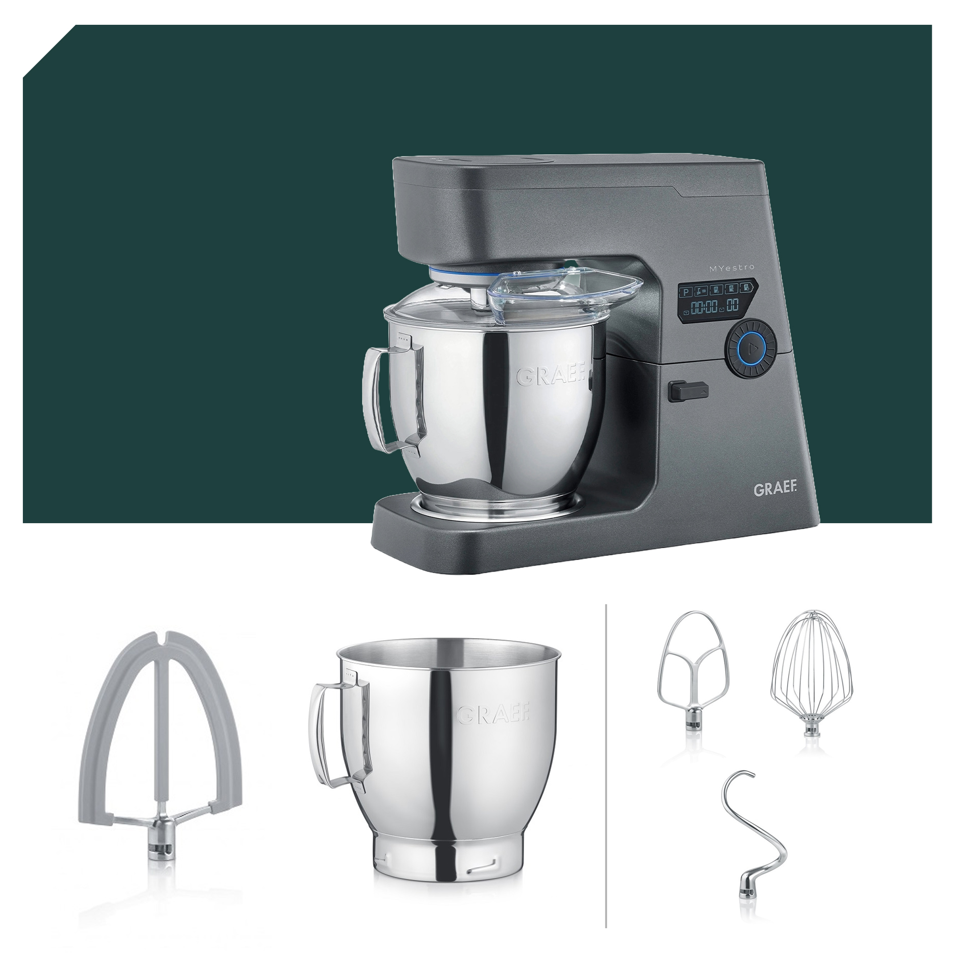 Graef MYestro Küchenmaschine KM 7016 im Mega Paket mit Edelstahl-Schüssel und vielseitigem Zubehör für professionelle Küchenleistungen.