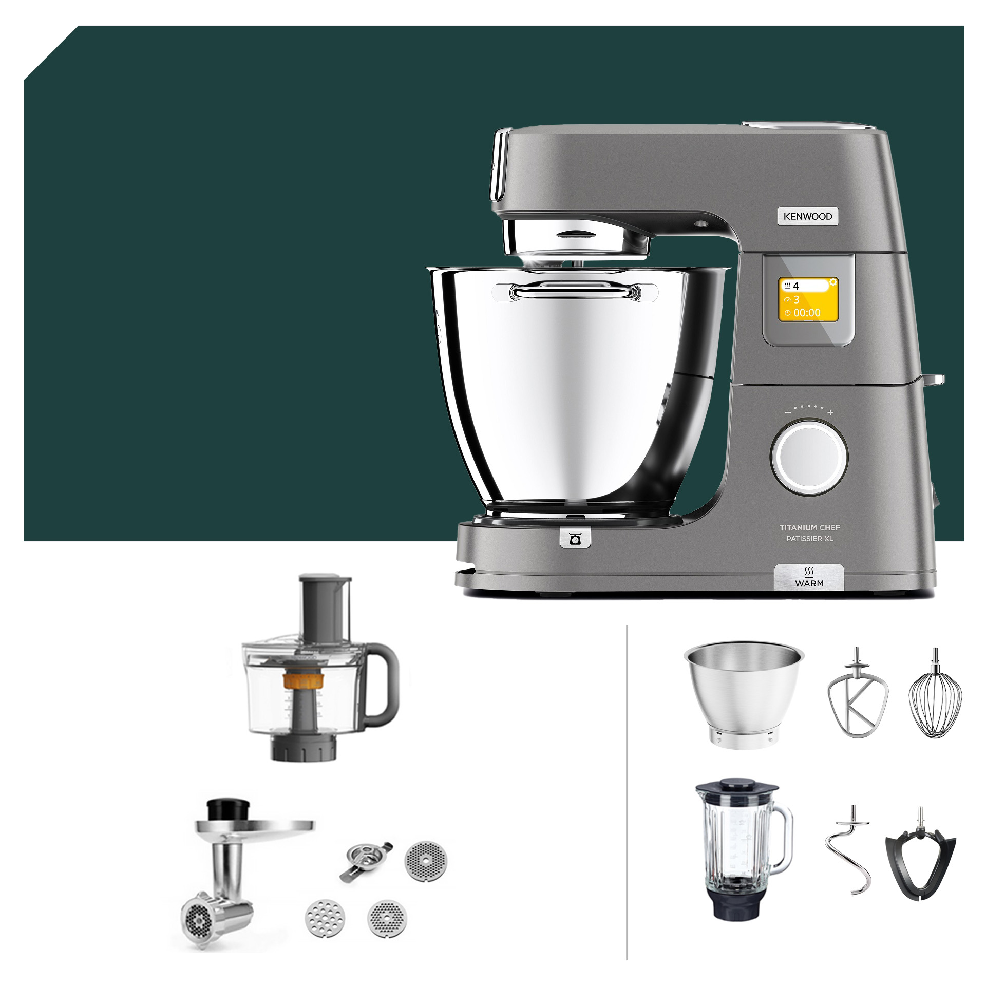 Kenwood Titanium Chef Patissier XL KWL 90 Küchenmaschine mit Profi-Paket und Zubehör, ideal für vielseitige Küchenanwendungen, deutsche Garantie.