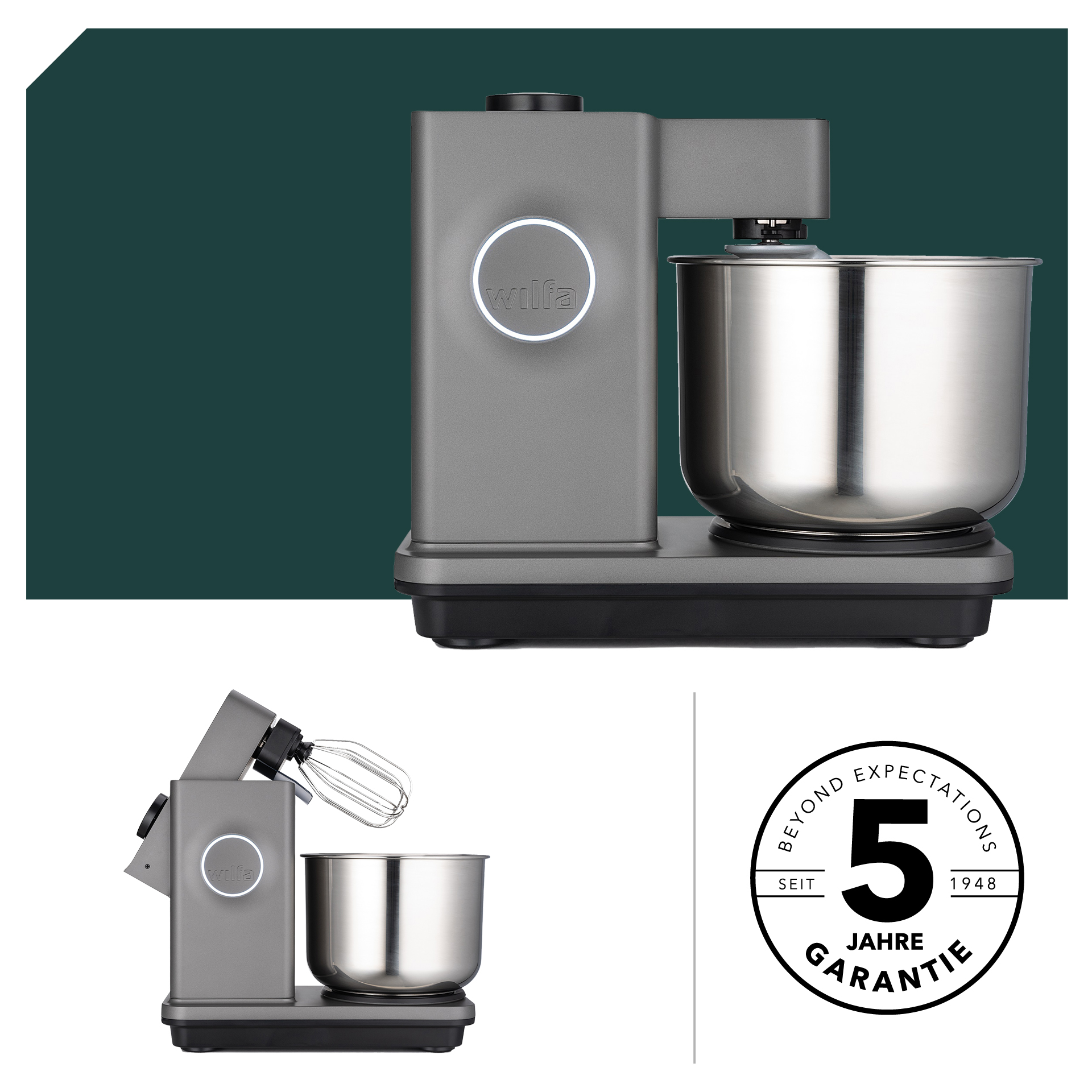 Wilfa Probaker Küchenmaschine KM1GY-70 und KM2GY-T70 in Grau, 5 Jahre Garantie, modernes Design, multifunktionales Zubehör.