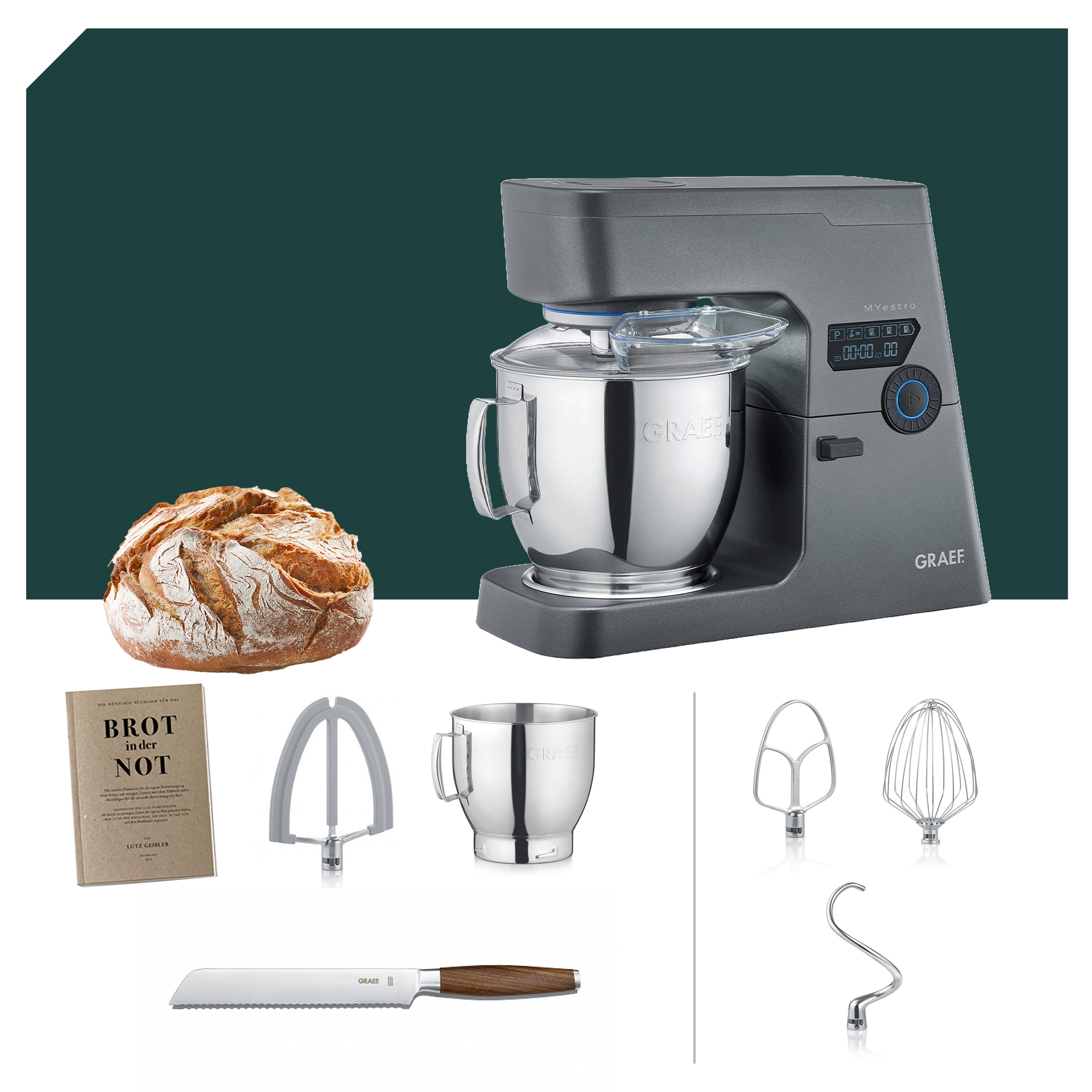 Graef Myestro KM 7016 Küchenmaschine mit Brotback-Paket, inklusive Rührwerkzeugen und Edelstahl-Mixbehälter. Ideal zum Brotbacken.