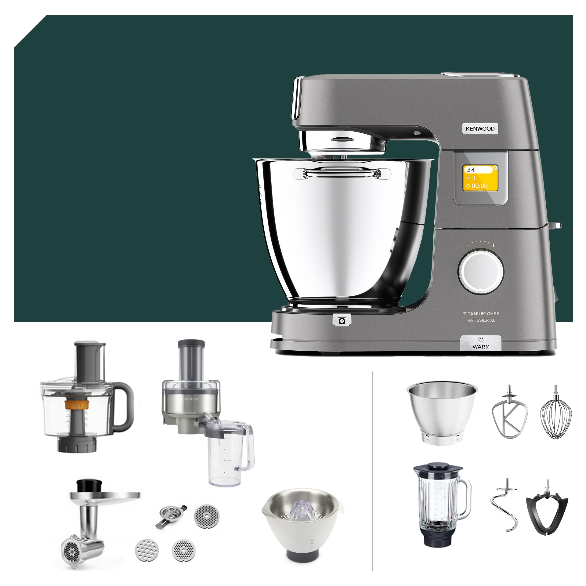 Kenwood Titanium Chef Patissier XL KWL 90 mit Entsafter-Paket und Zubehör. Deutsche Garantie, vielseitig und leistungsstark.