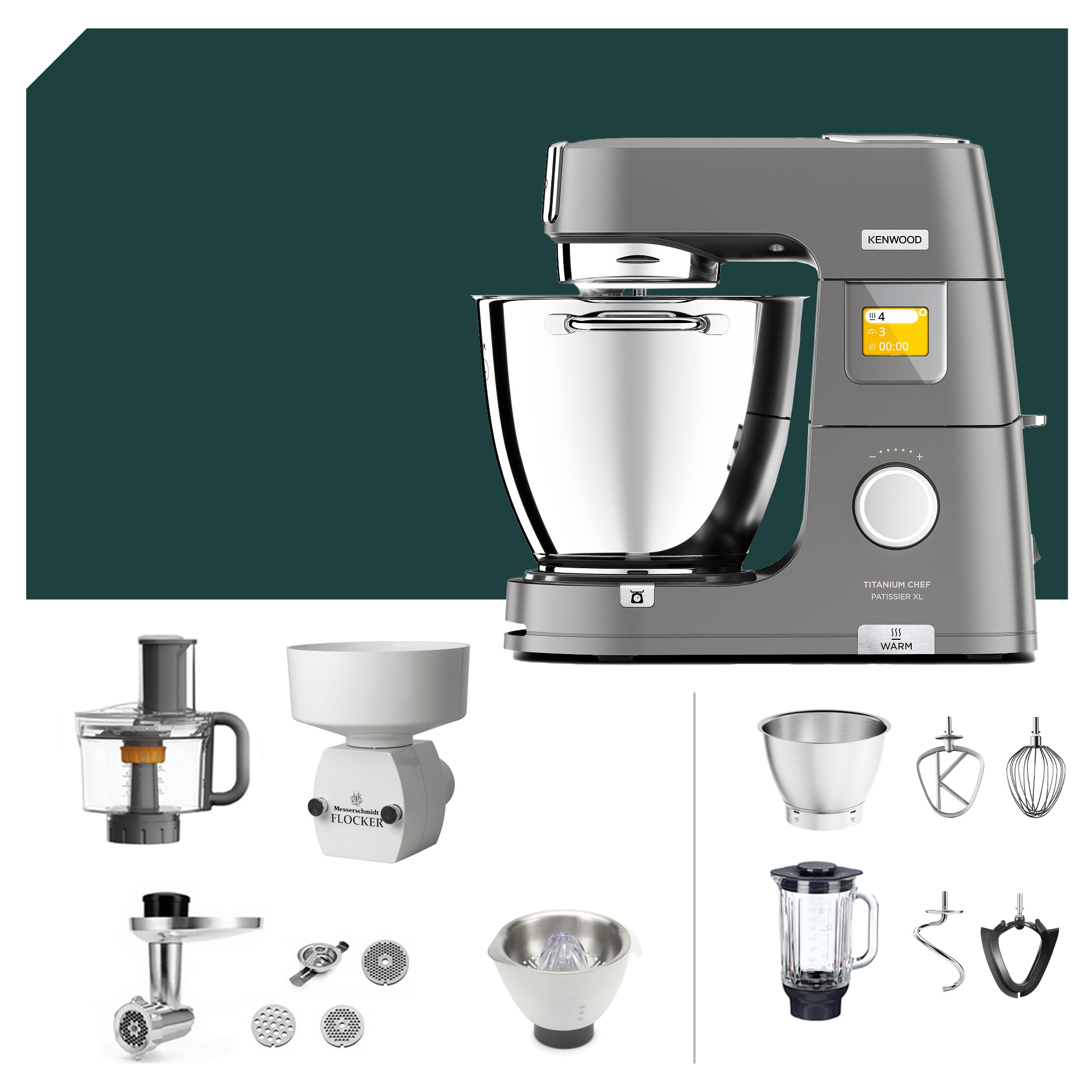 Kenwood Titanium Chef Patissier XL KWL 90: hochwertige Küchenmaschine mit vielseitigem Zubehör, ideal für kreative Koch- und Backprojekte.