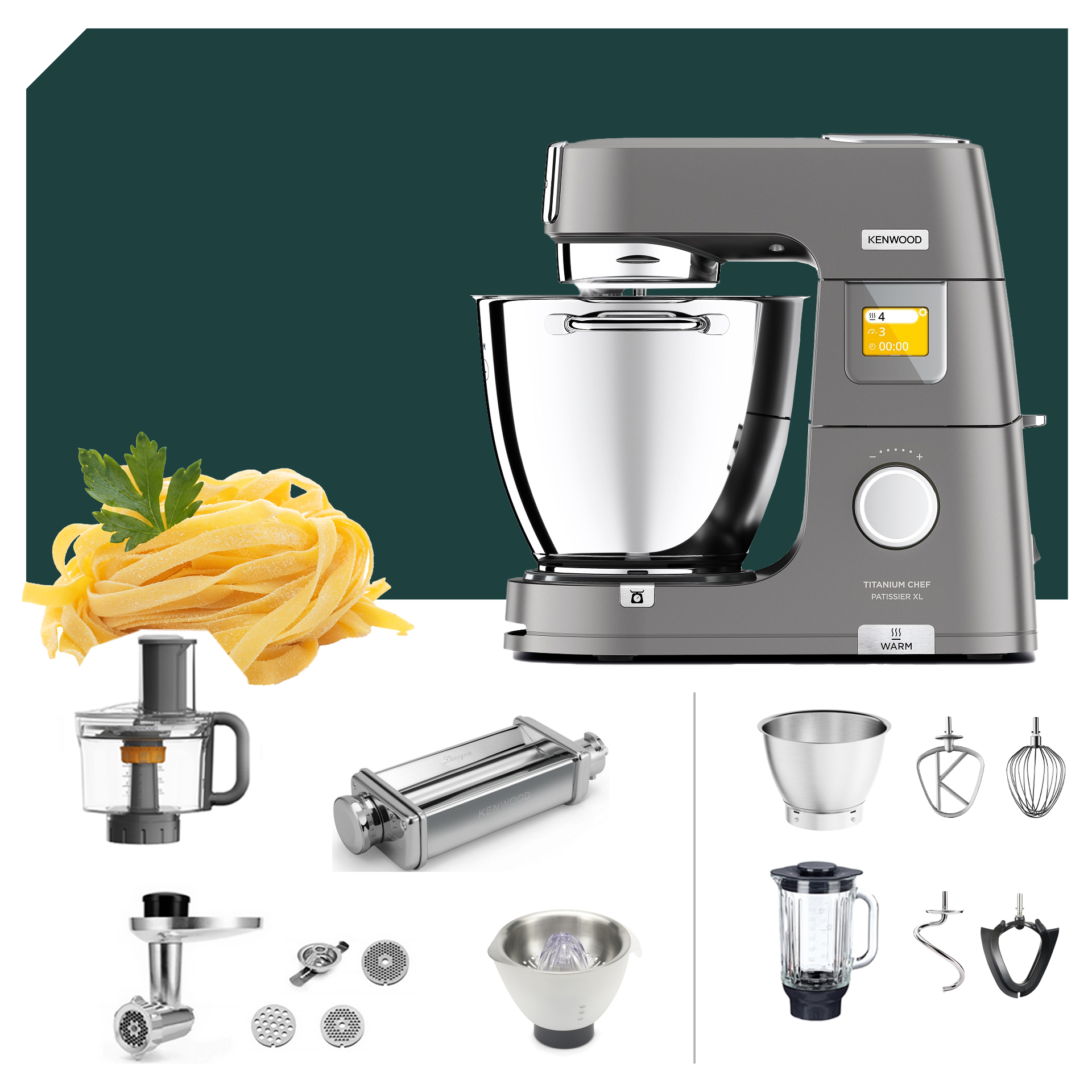 Kenwood Titanium Chef Patissier XL KWL 90 mit Pasta-Paket und Zubehör für vielfältige Küchenanwendungen, inklusive deutscher Garantie.