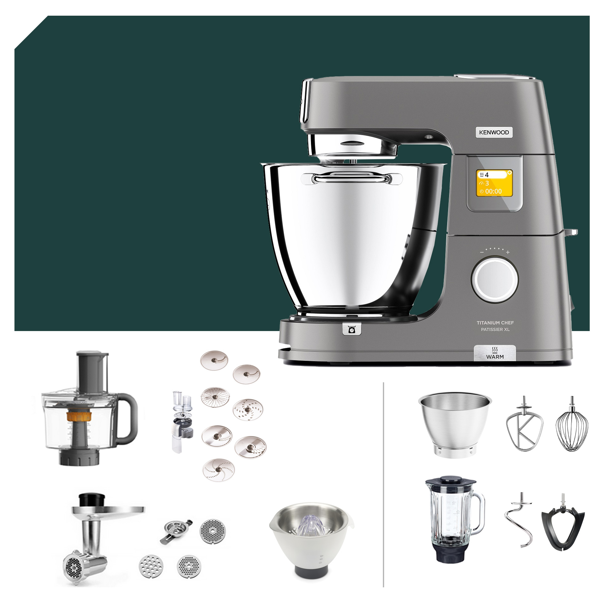 Kenwood Titanium Chef Patissier XL KWL 90: multifunktionale Küchenmaschine mit Raspel-Paket und Zubehör, inklusive deutscher Garantie.