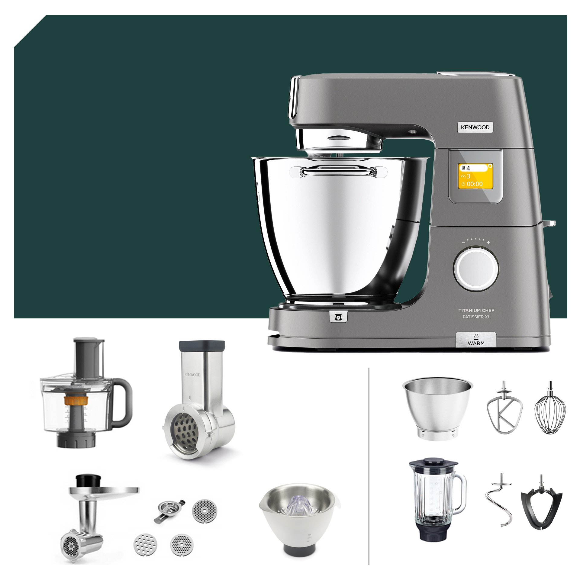 Küchenmaschine Kenwood Titanium Chef Patissier XL KWL 90 mit Reiben-Paket und Zubehör, inklusive Schüssel, Rührwerken und Mixer.