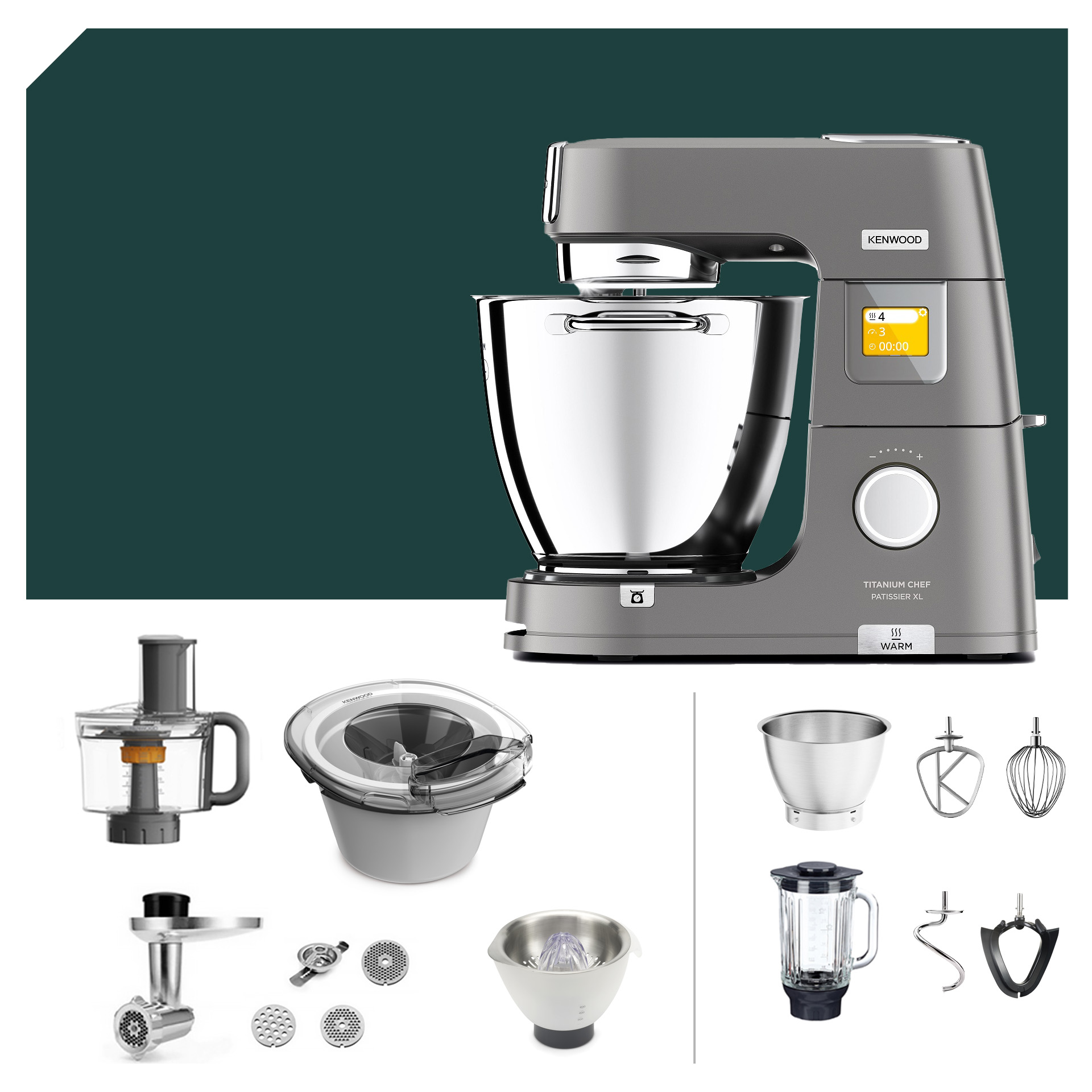 Sommer-Paket Kenwood Titanium Chef Patissier XL KWL 90: vielseitige Küchenmaschine mit Zubehör und deutscher Garantie. Perfekt für jede Küche.
