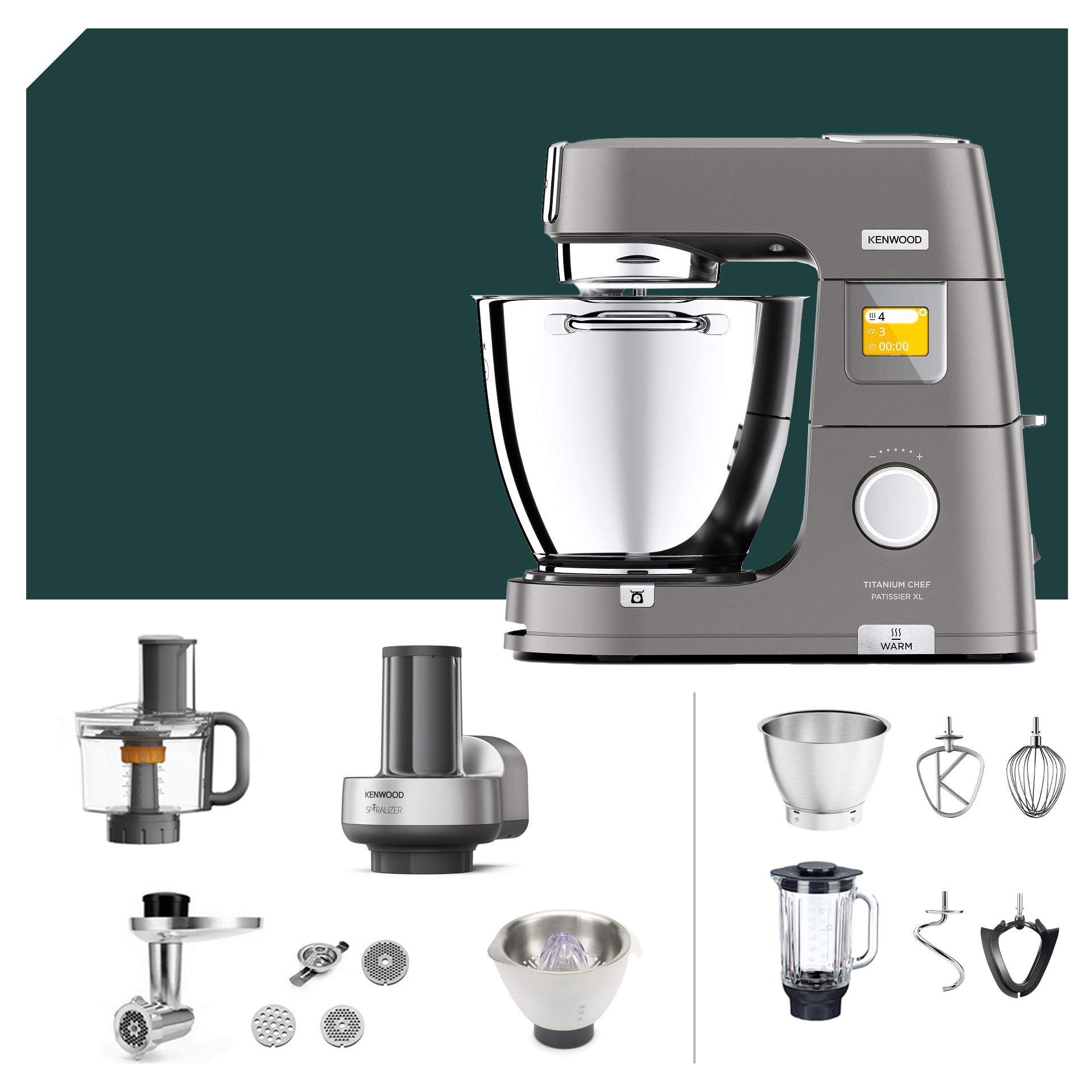 Kenwood Titanium Chef Patissier XL KWL 90 mit Spiralschneider-Paket und Zubehör, inklusive Mixer, Rührbesen und weiteren Aufsätzen.