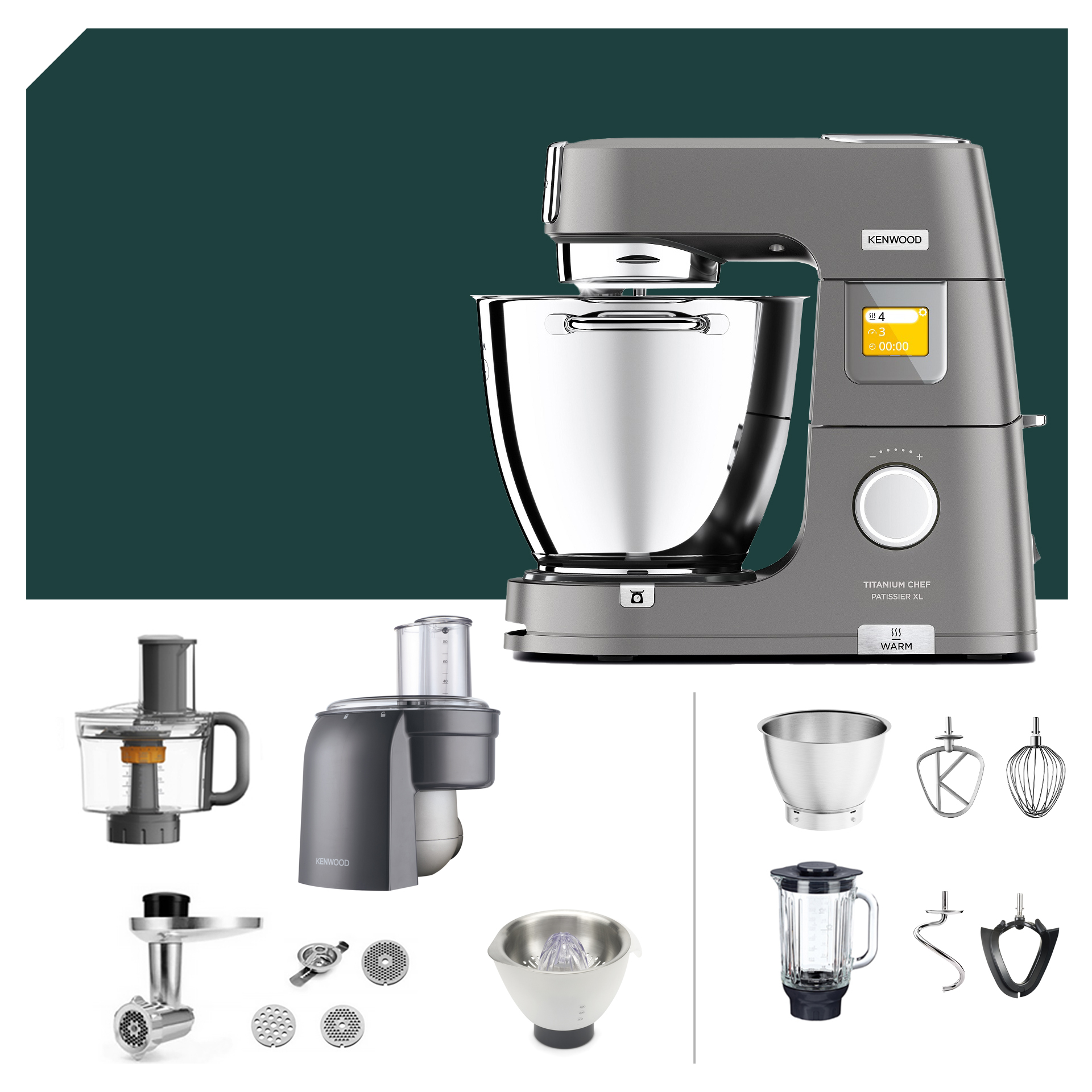Küchenmaschinen-Zubehör: Kenwood Titanium Chef Patissier XL KWL 90 mit Würfelschneider-Paket, deutscher Garantie und vielseitigem Zubehör.