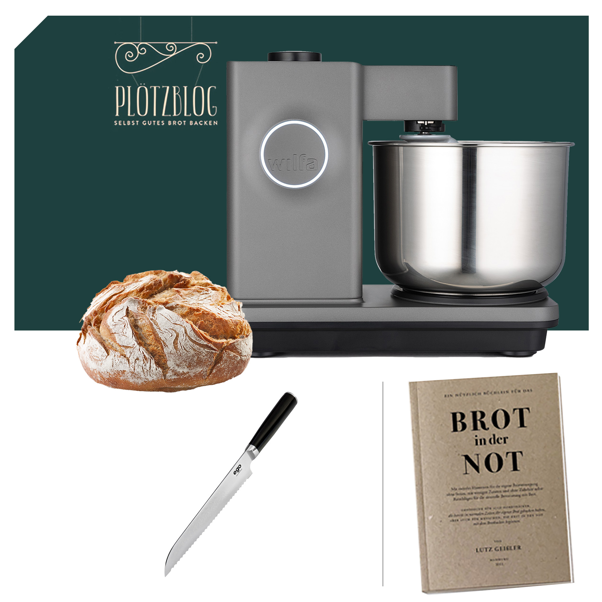 Grau Küchenmaschine Wilfa Probaker KM1GY-70 mit 5 Jahren Garantie, ideal für Brotbacken. Inklusive passendem Zubehör und frischem Brot.