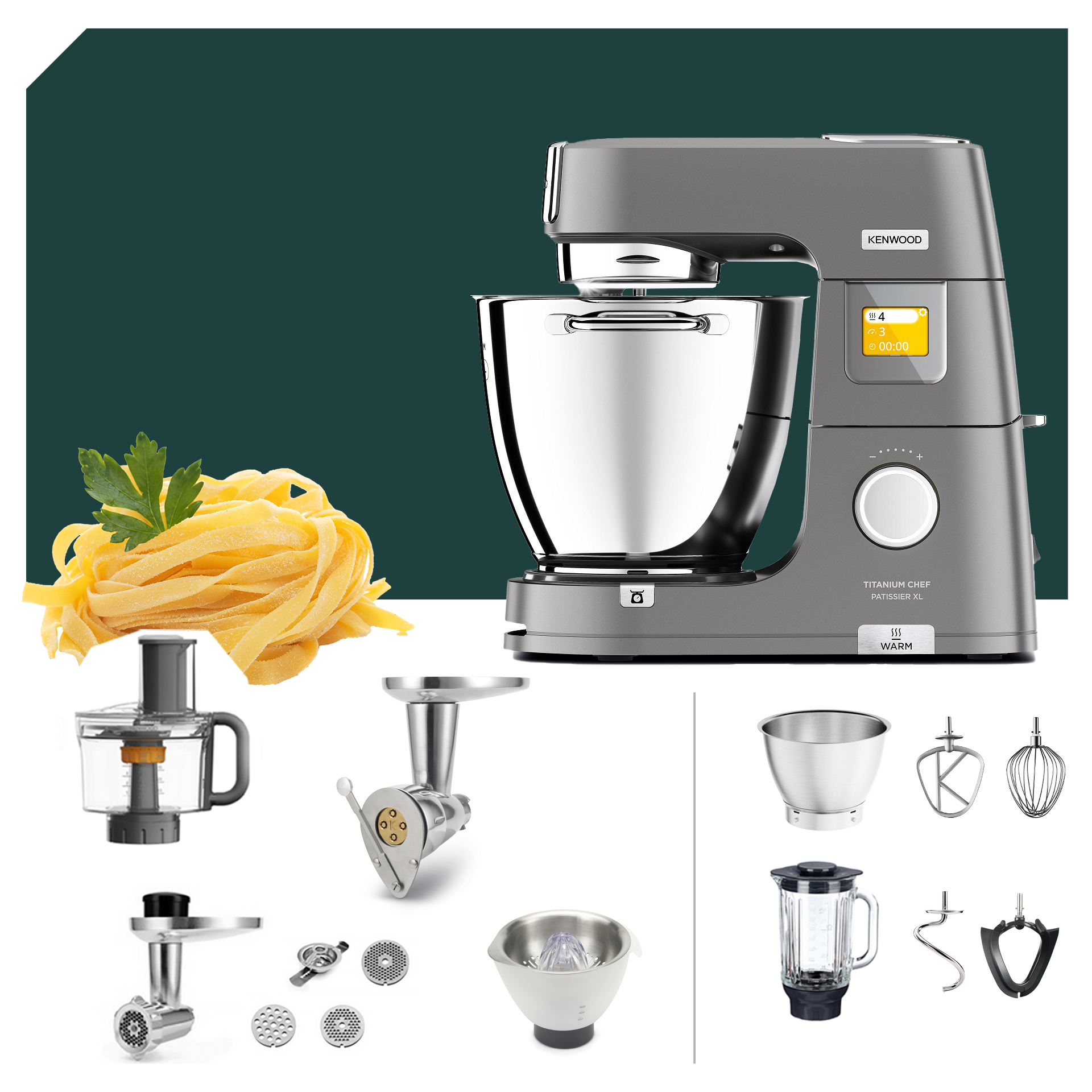 Kenwood Titanium Chef Patissier XL KWL 90: vielseitige Küchenmaschine mit umfangreichem Zubehör und deutscher Garantie. Perfekt für kreative Kochliebhaber.