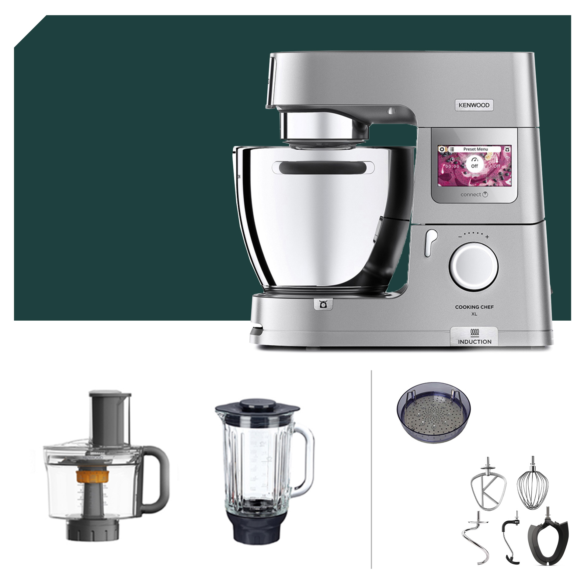 Starter-Paket Kenwood KCL 95 Cooking Chef XL Connect mit Küchenmaschinen und passendem Zubehör für vielseitiges Kochen.