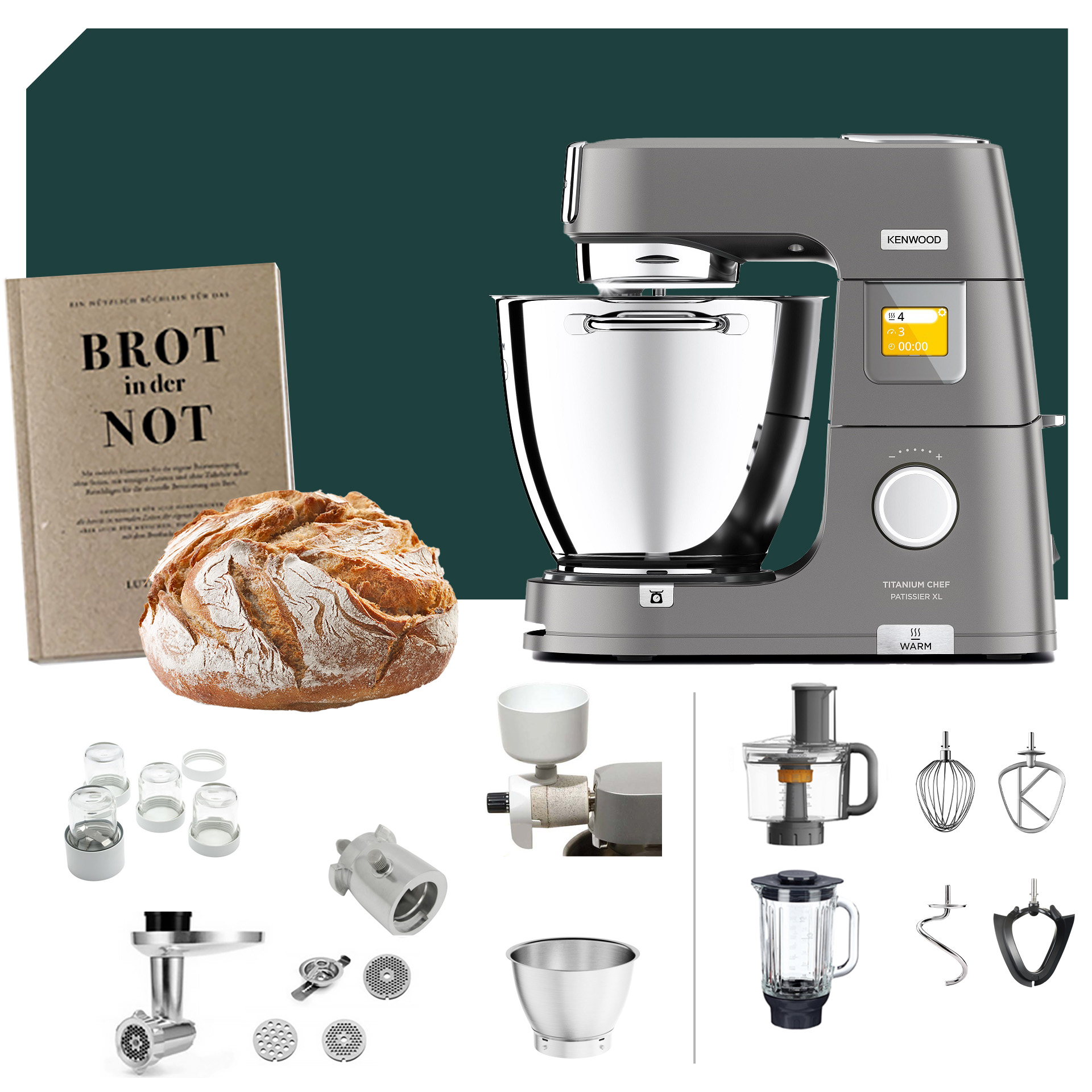 Kenwood Titanium Chef Patissier XL KWL 90 mit Brotback-Paket. Hochwertiges Zubehör für vielseitige Küchenanwendungen, inklusive deutscher Garantie.