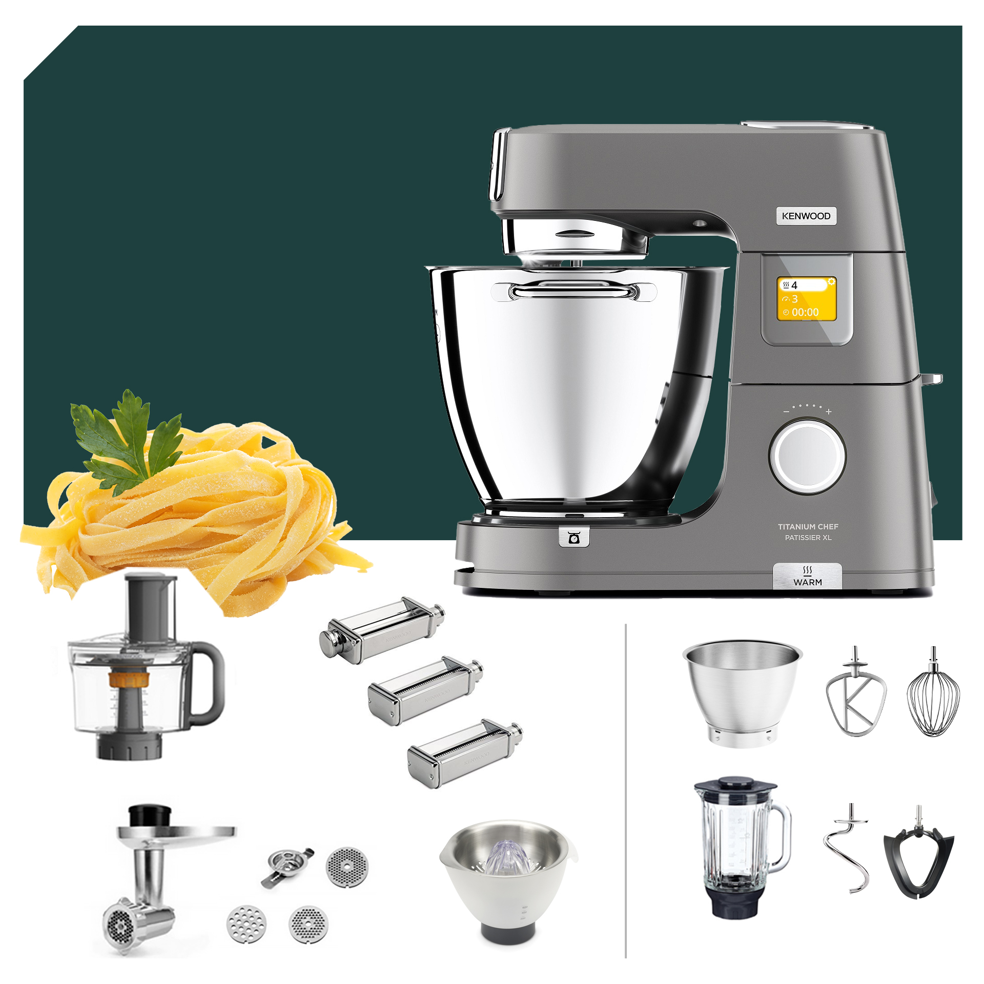 Kenwood Titanium Chef Patissier XL KWL 90 mit Pasta Deluxe Paket. Inklusive vielseitigem Zubehör für perfekte Küchenzauber. Deutsche Garantie.
