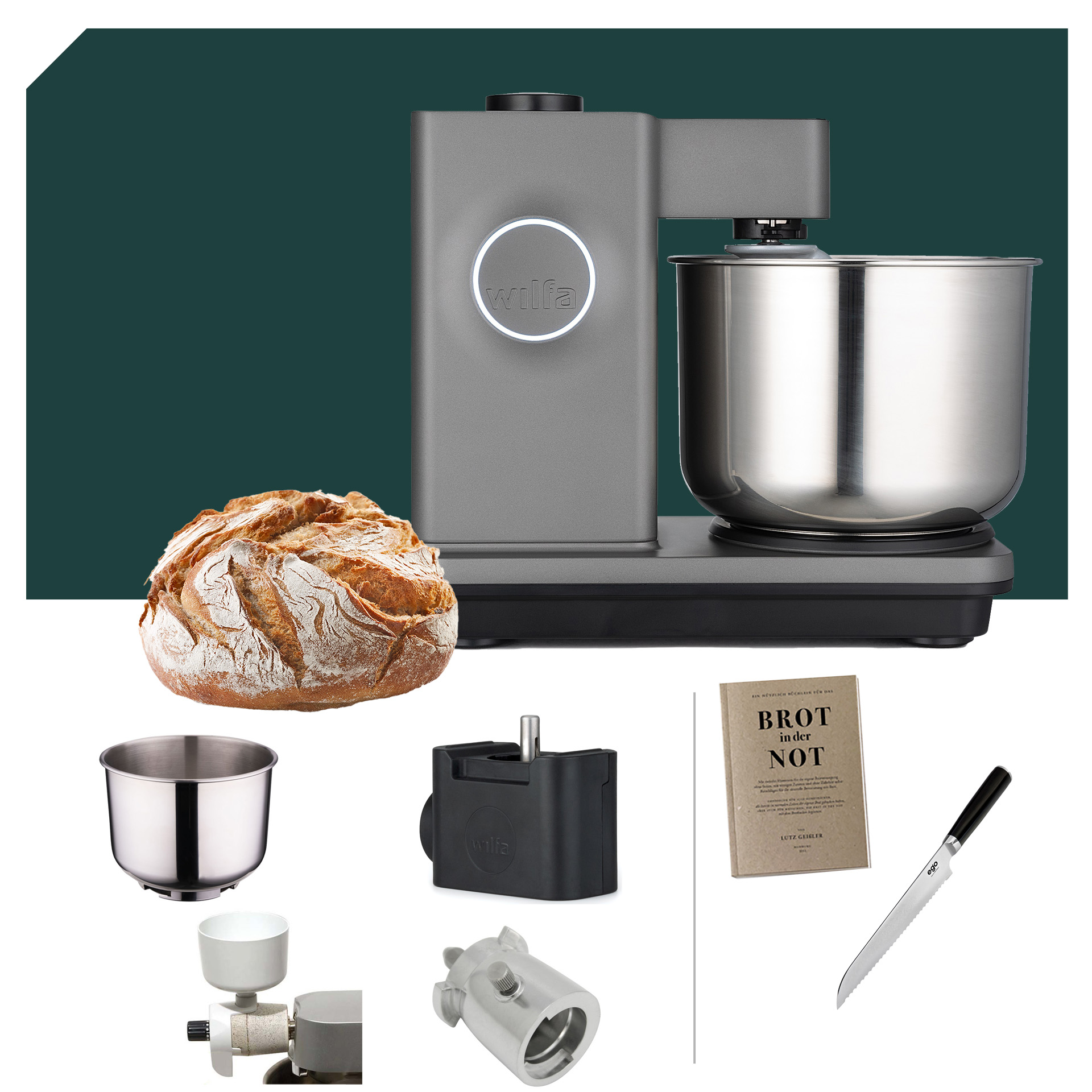 Küchenmaschinen Wilfa Probaker in Grau, ideal für das Brotbacken. Deluxe Paket mit 5 Jahren Garantie, umfangreiches Zubehör.