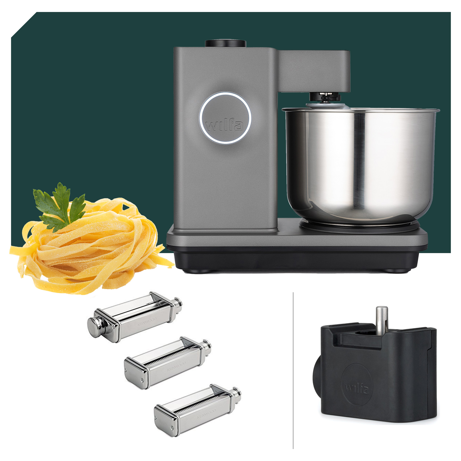 Wilfa Probaker Küchenmaschine KM1GY-70 und KM2GY-T70 in Grau, inklusive Pasta Deluxe Paket und 5 Jahren Garantie. Ideal für die Pastazubereitung.