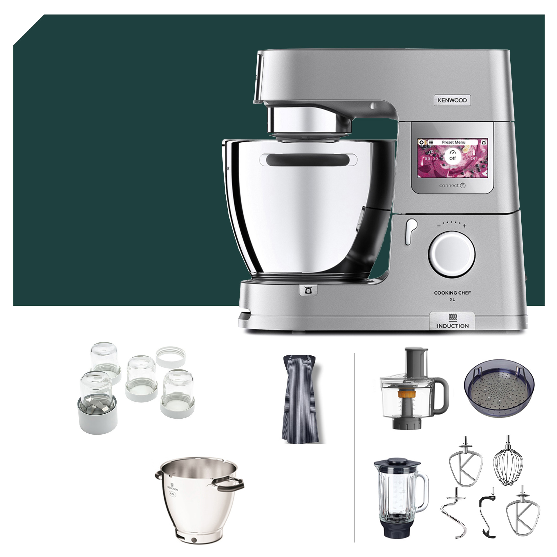 Zusatzschüssel-Paket Kenwood KCL 95 Cooking Chef XL Connect, umfangreiches Zubehör für vielseitige Kücheneinsätze, optimal für kreative Kochprojekte.