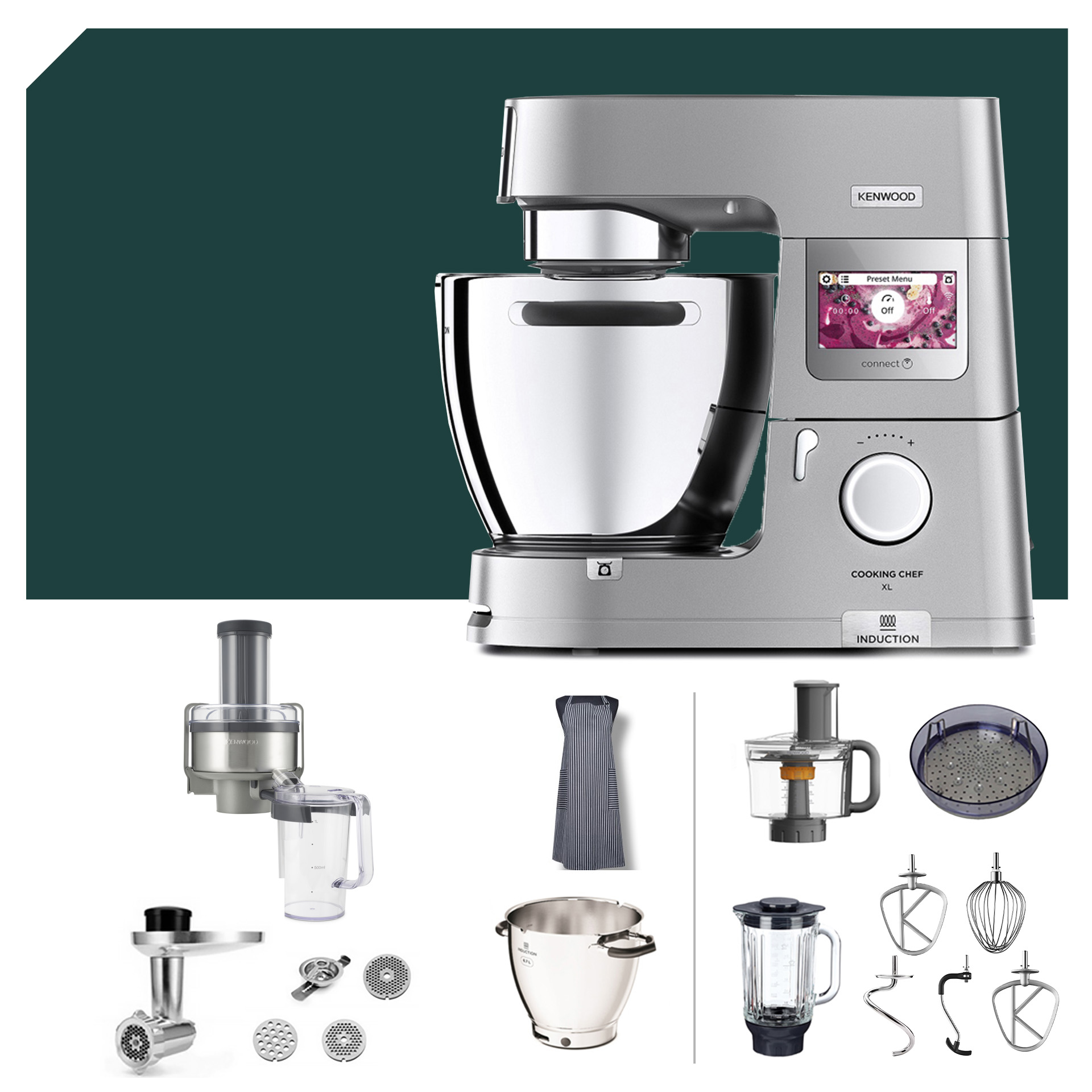 Küchenmaschine Kenwood KCL 95 Cooking Chef XL Connect mit Entsafter-Paket und Zubehör für vielseitige Kochanwendungen.