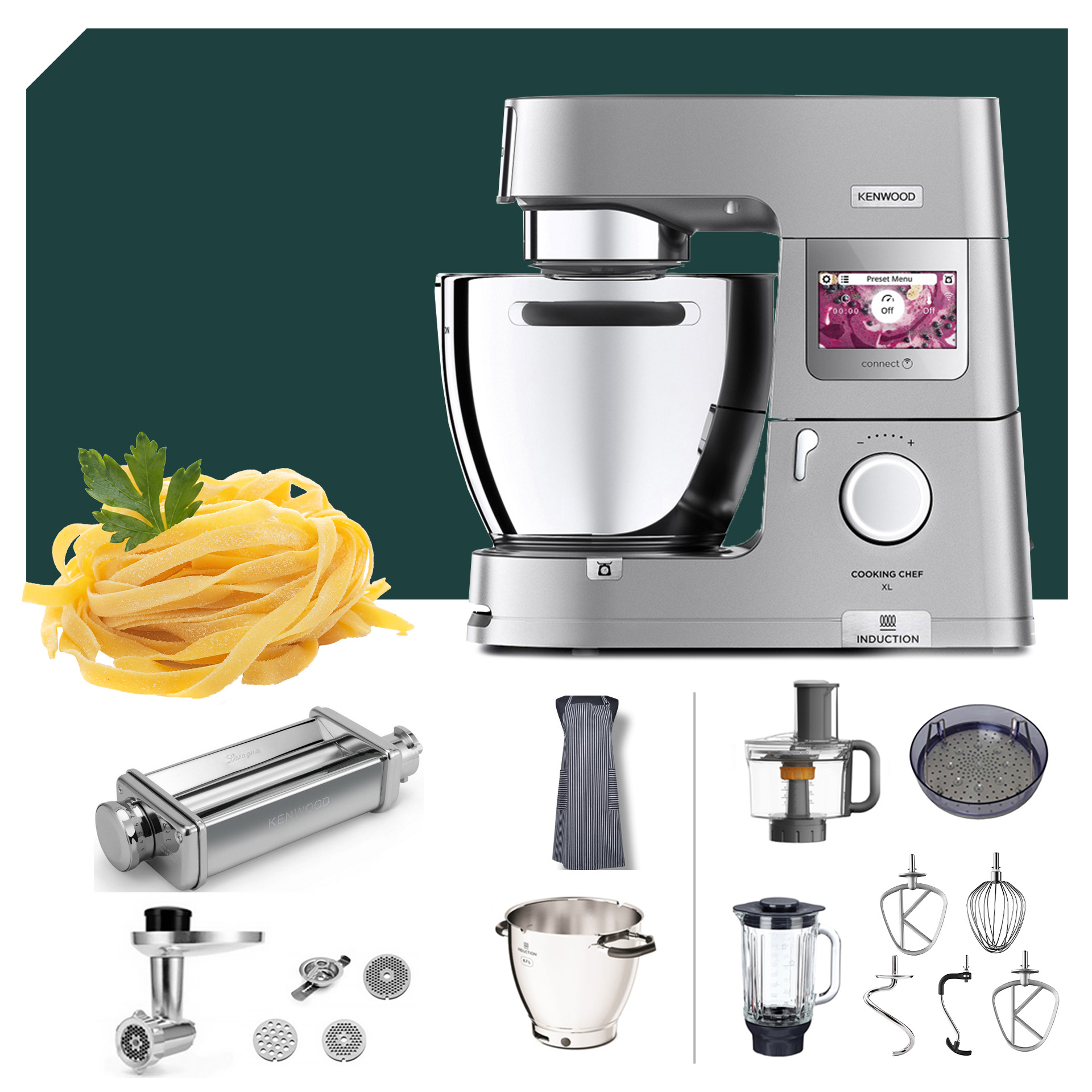 Küchenmaschinen-Zubehör: Kenwood KCL 95 Cooking Chef XL Connect, Pasta-Paket, Teigrolle, Mixer, Schüssel, verschiedene Rührwerke und Zubehörteile.