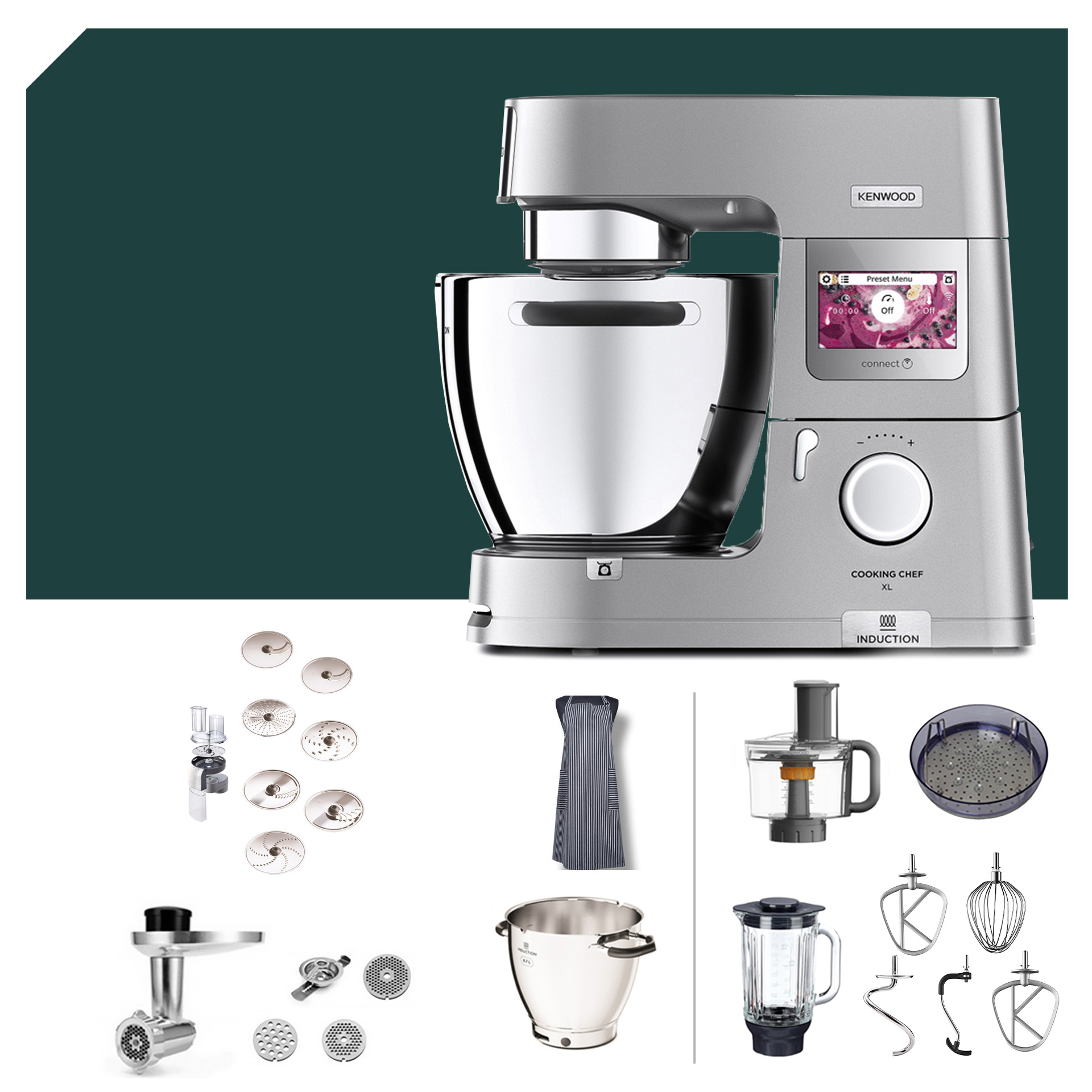 Küchenmaschine Kenwood KCL 95 Cooking Chef XL Connect im Profi-Paket mit Zubehör für vielseitige Kochmöglichkeiten.