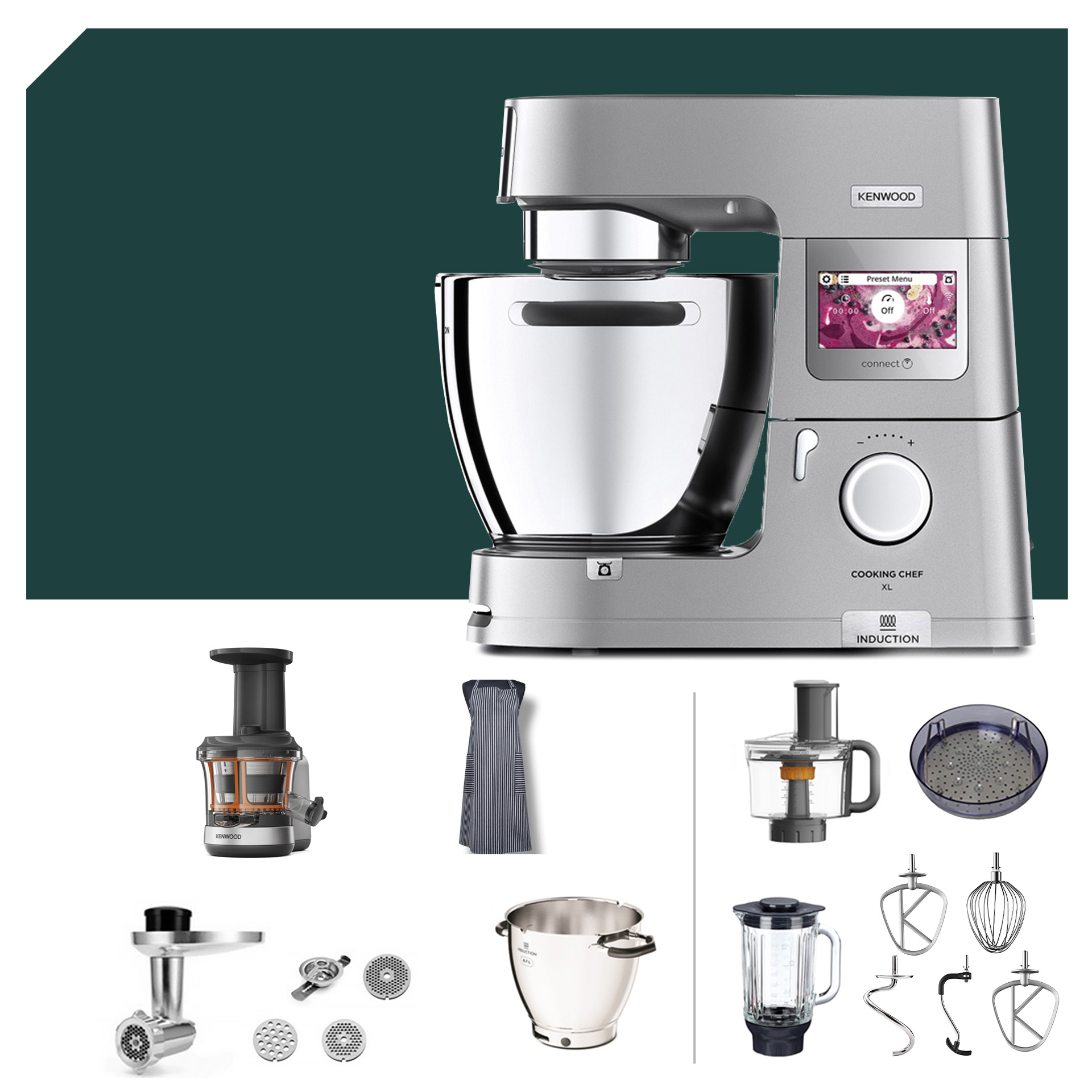 Küchenmaschinen-Zubehör: Slow Juicer Paket Kenwood KCL 95, Cooking Chef XL Connect, verschiedene Aufsätze und Behälter.
