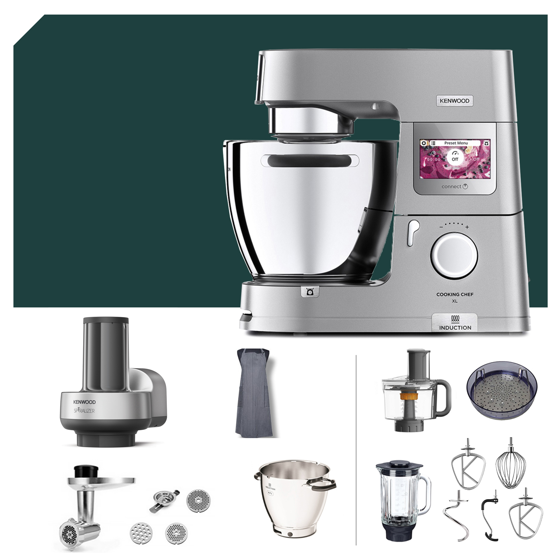 Kenwood Cooking Chef XL Connect mit Spiralschneider-Paket; vielseitiges Küchengerät und hochwertiges Zubehör für kreative Kochprojekte.