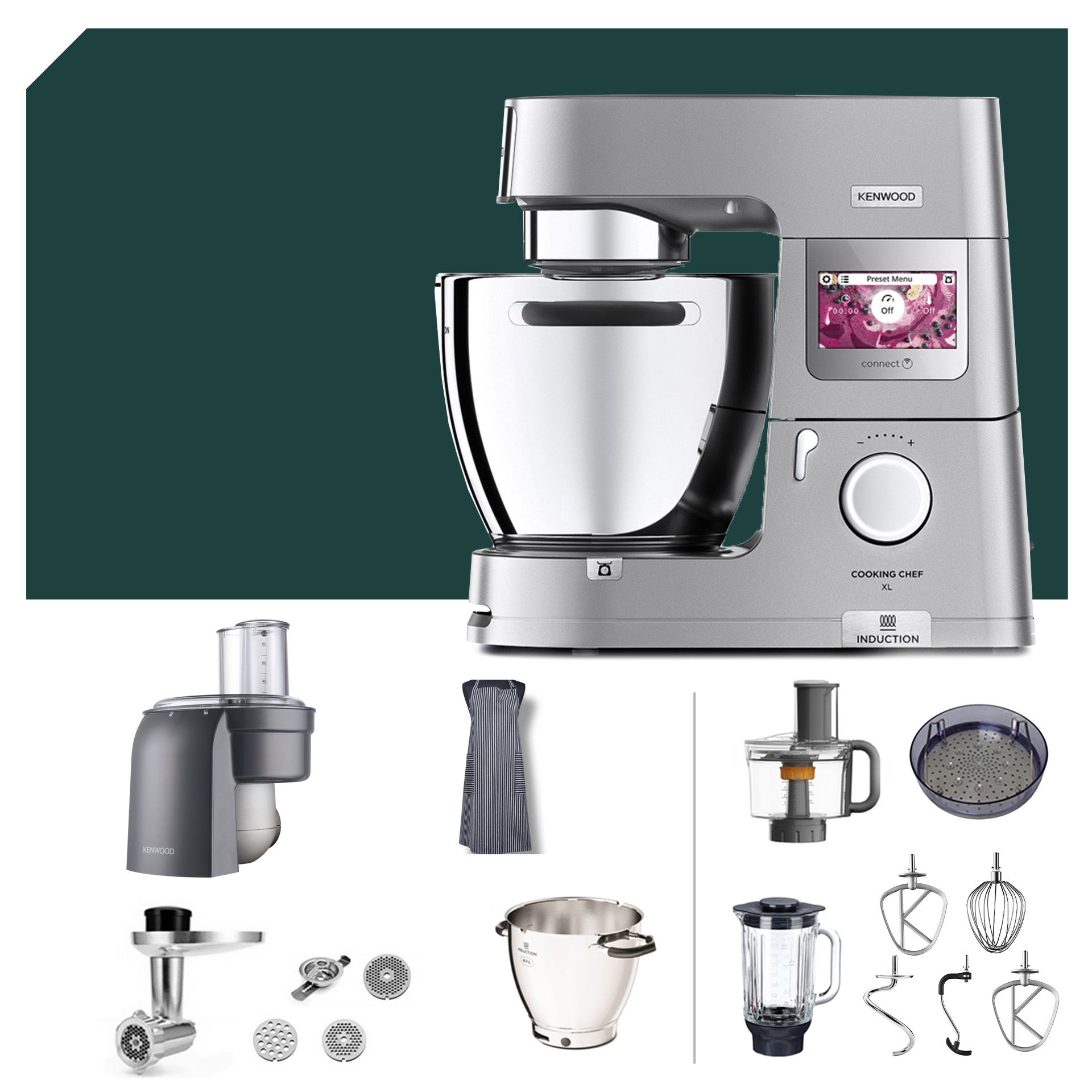 Küchenmaschinen-Zubehör: Kenwood KCL 95 Cooking Chef XL Connect, inkl. Würfelschneider-Paket, Rührschüsseln, Mixer und mehr.