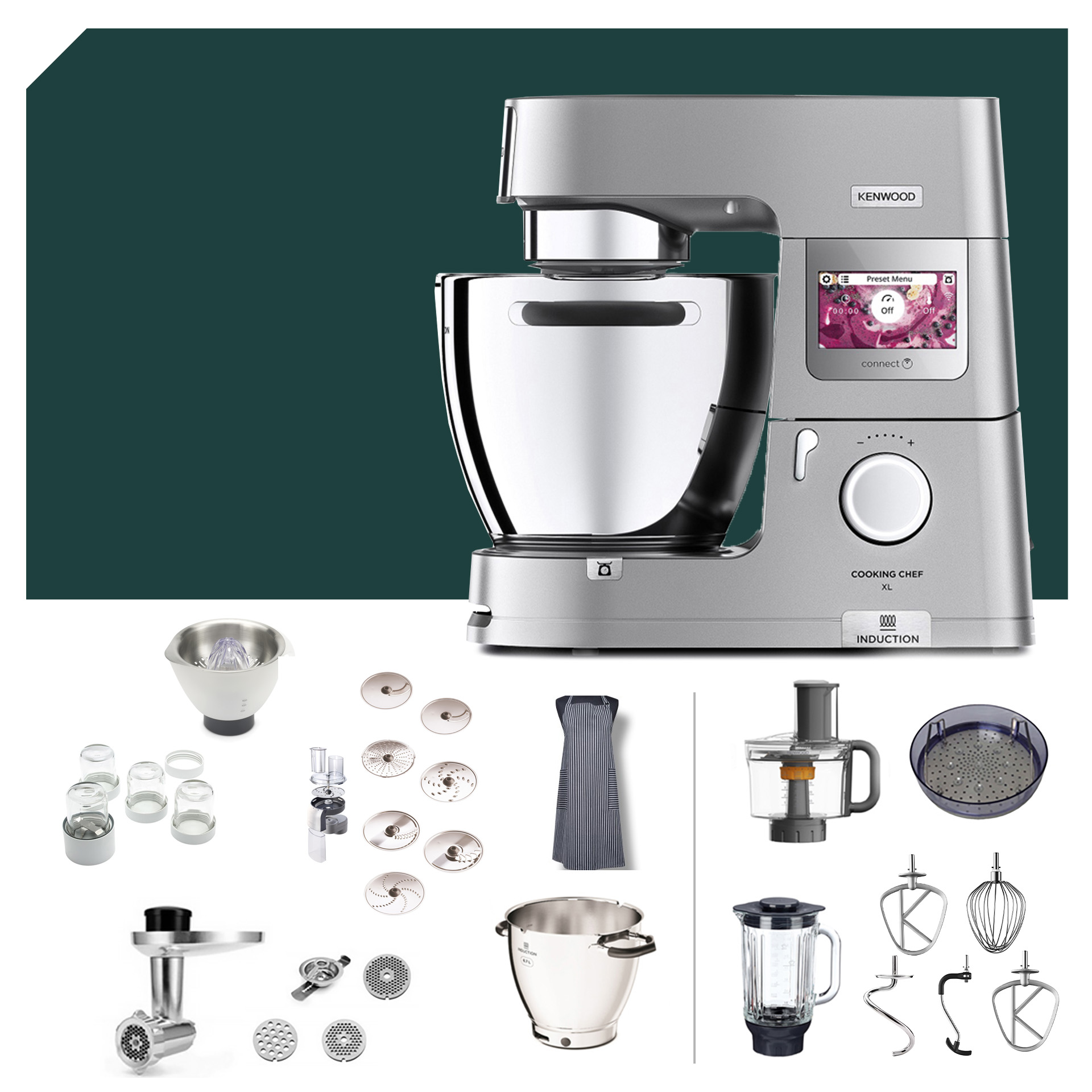 Küchenmaschine Kenwood Cooking Chef XL Connect mit Profi XXL Zubehör. Raspel-Paket und umfangreiches Zubehör für vielseitige Einsatzmöglichkeiten.