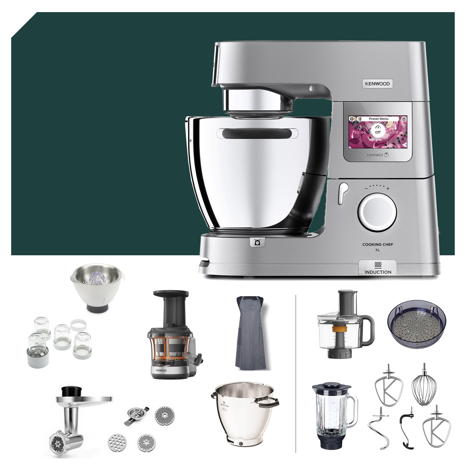Küchenmaschine Kenwood KCL 95 Cooking Chef XL Connect mit Zubehör, ideal für vielseitige Koch- und Backanwendungen.