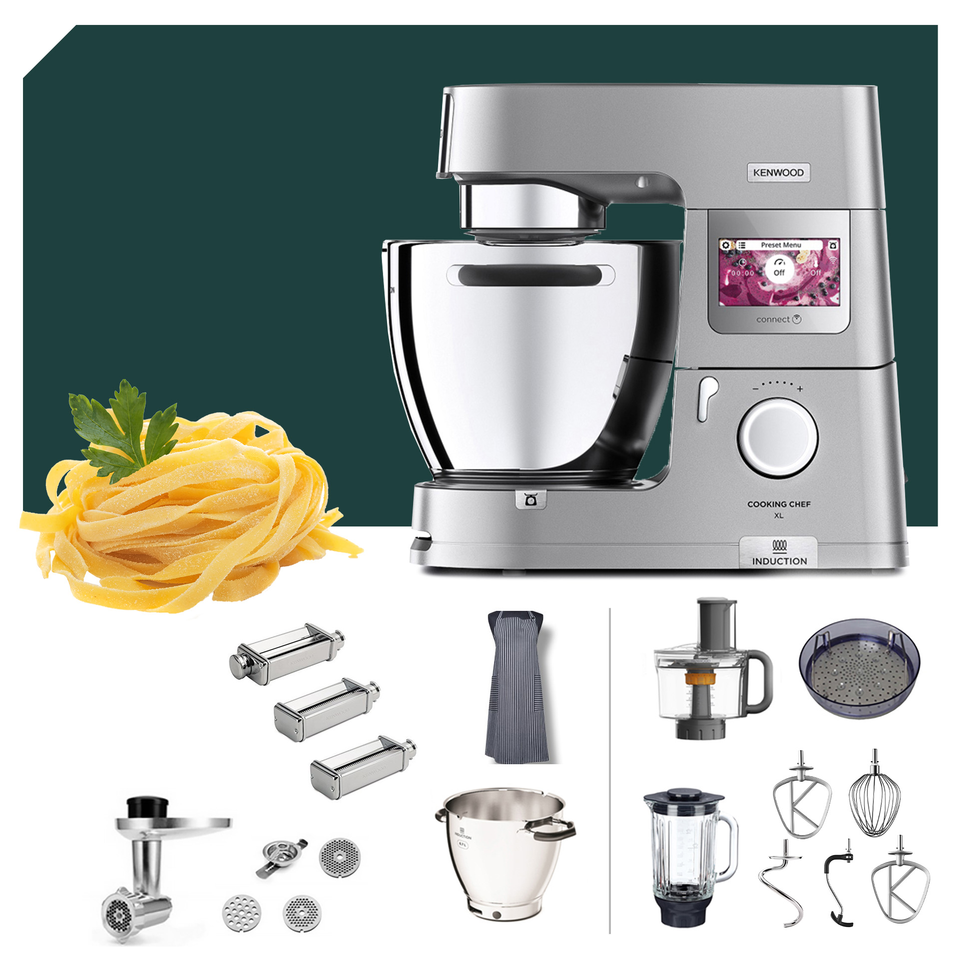 Kenwood Cooking Chef XL Connect mit Pasta Deluxe-Paket, Zubehör wie Mixer, Raspel und Küchenmaschine für vielseitige Kochmöglichkeiten.