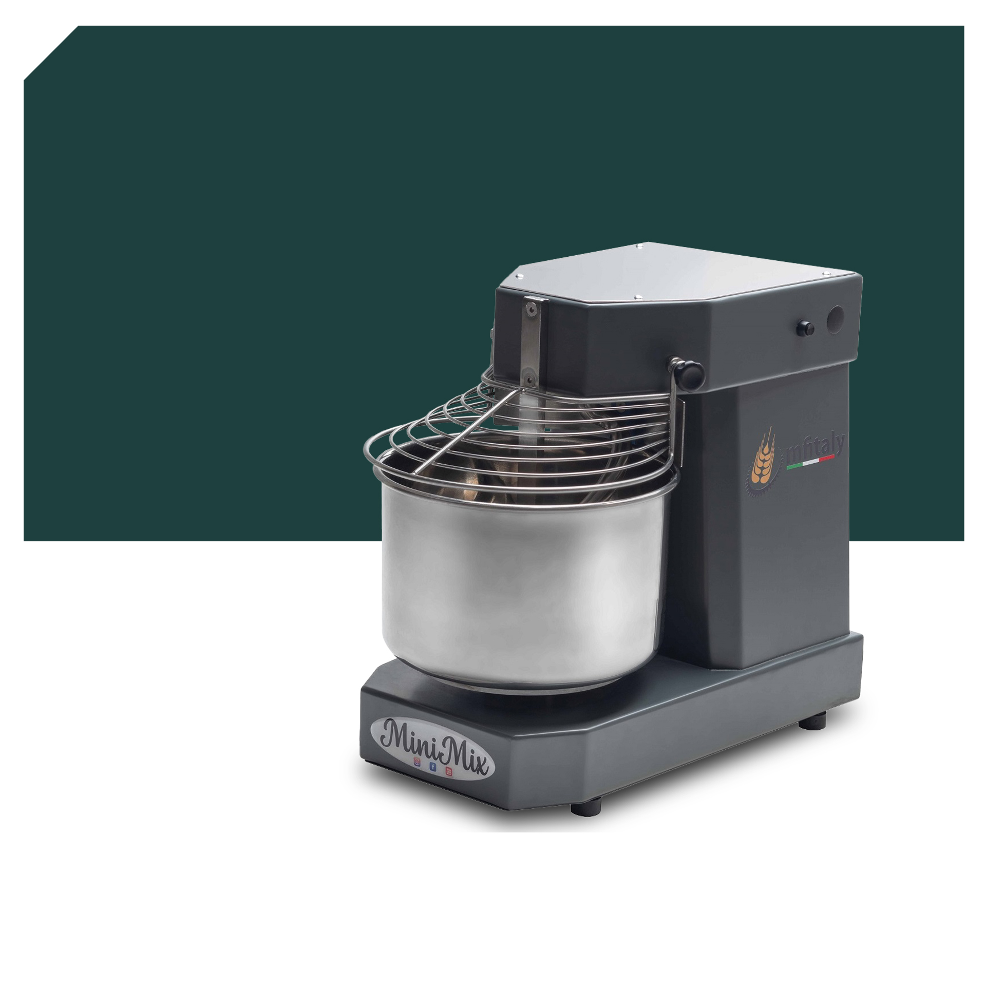 MF Italy Minimix STD 5 und 10, graue Spiral-Knetmaschinen, Starter Set 5 STD grau, ideal für professionelle Küchen und Backbedarf.