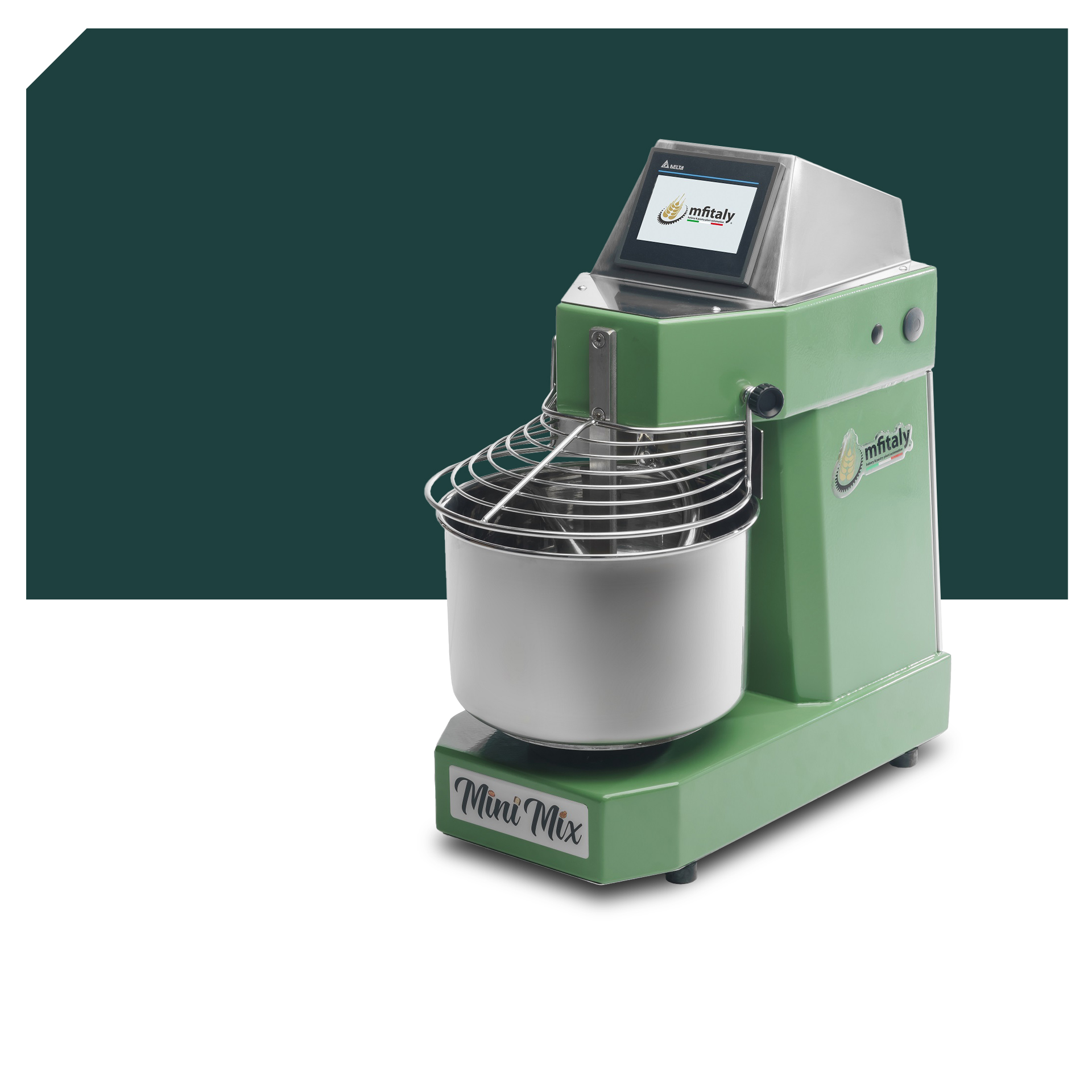 MF Italy Minimix PRO 5 & 10 grün Spiral Knetmaschinen, ideale Küchenmaschinen für perfekte Teigherstellung, robust und effizient.