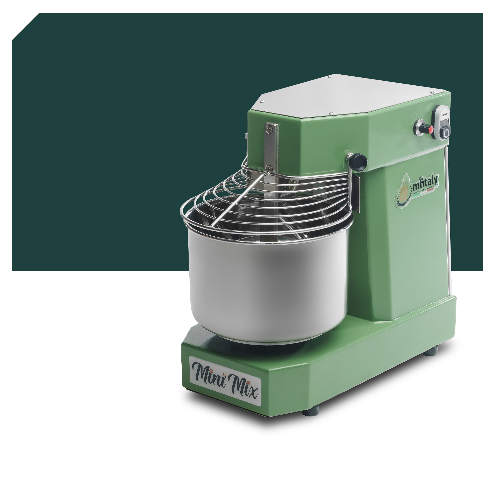 Grüne Spiral-Knetmaschine MF Italy Minimix STD 5/10, ideal für exakte Teigzubereitung. Starter Set 5 STD ohne Logo erhältlich.