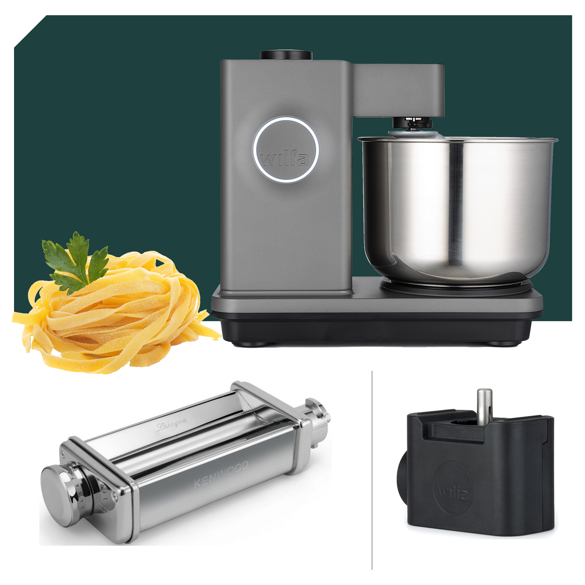 Wilfa Probaker Küchenmaschine KM1GY-70 in Grau mit Pasta-Paket und 5 Jahren Garantie. Hochwertiges Zubehör für perfekte Teigzubereitung.