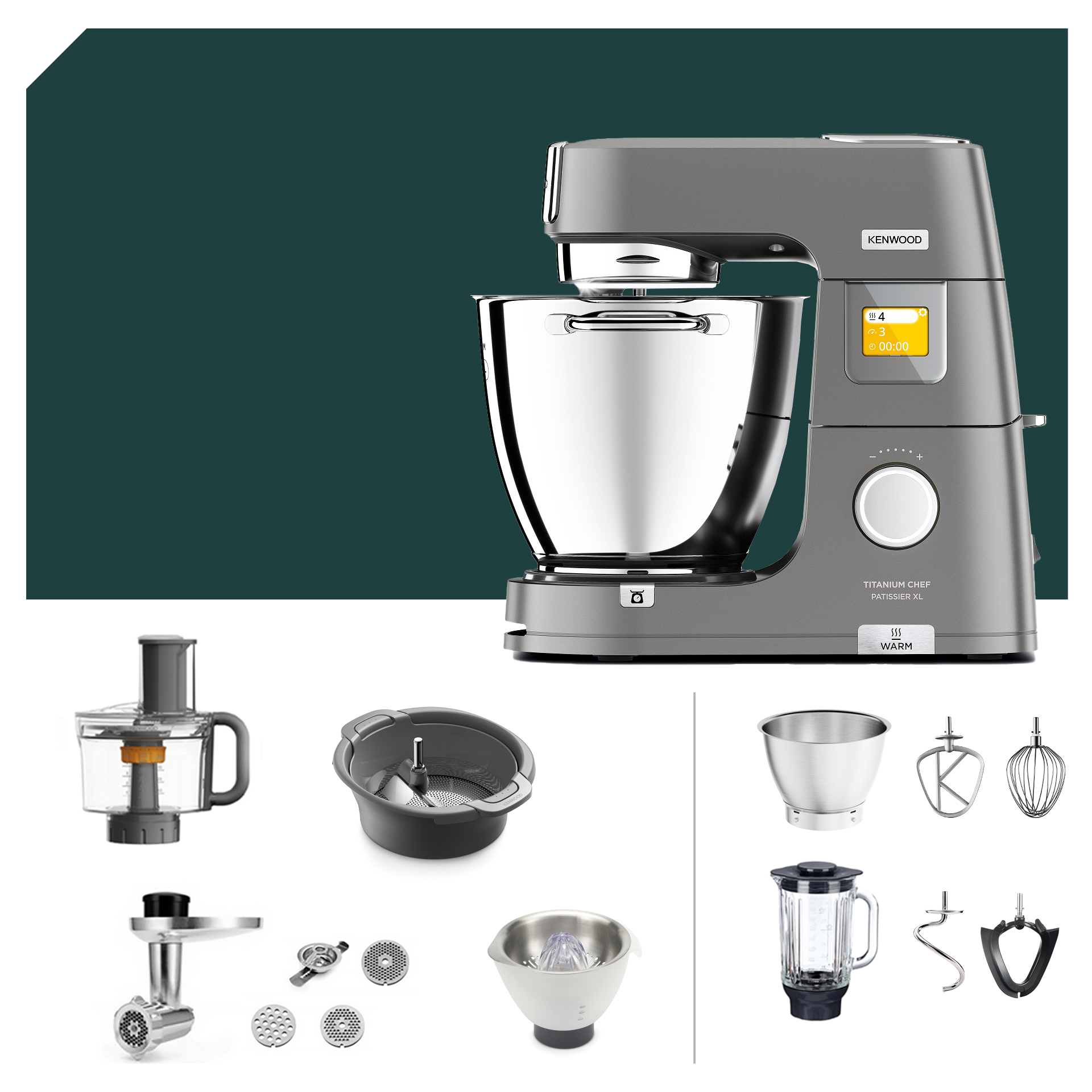 Kenwood Titanium Chef Patissier XL KWL 90 mit Passier Paket, Zubehör inklusive Küchenmaschine, Edelstahl-Schüssel, Mixaufsatz.