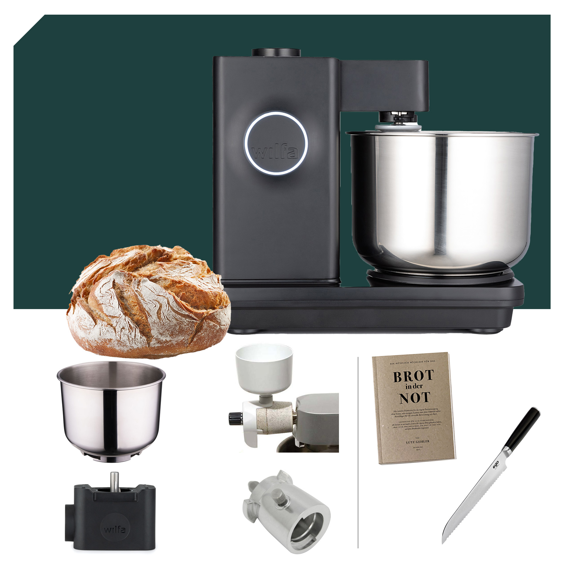 Küchenmaschinen Wilfa Probaker KM1B-70 und KM2B-T70 in Schwarz, inkl. Zubehör und Brot, 5 Jahre Garantie, ideal für Brotliebhaber.