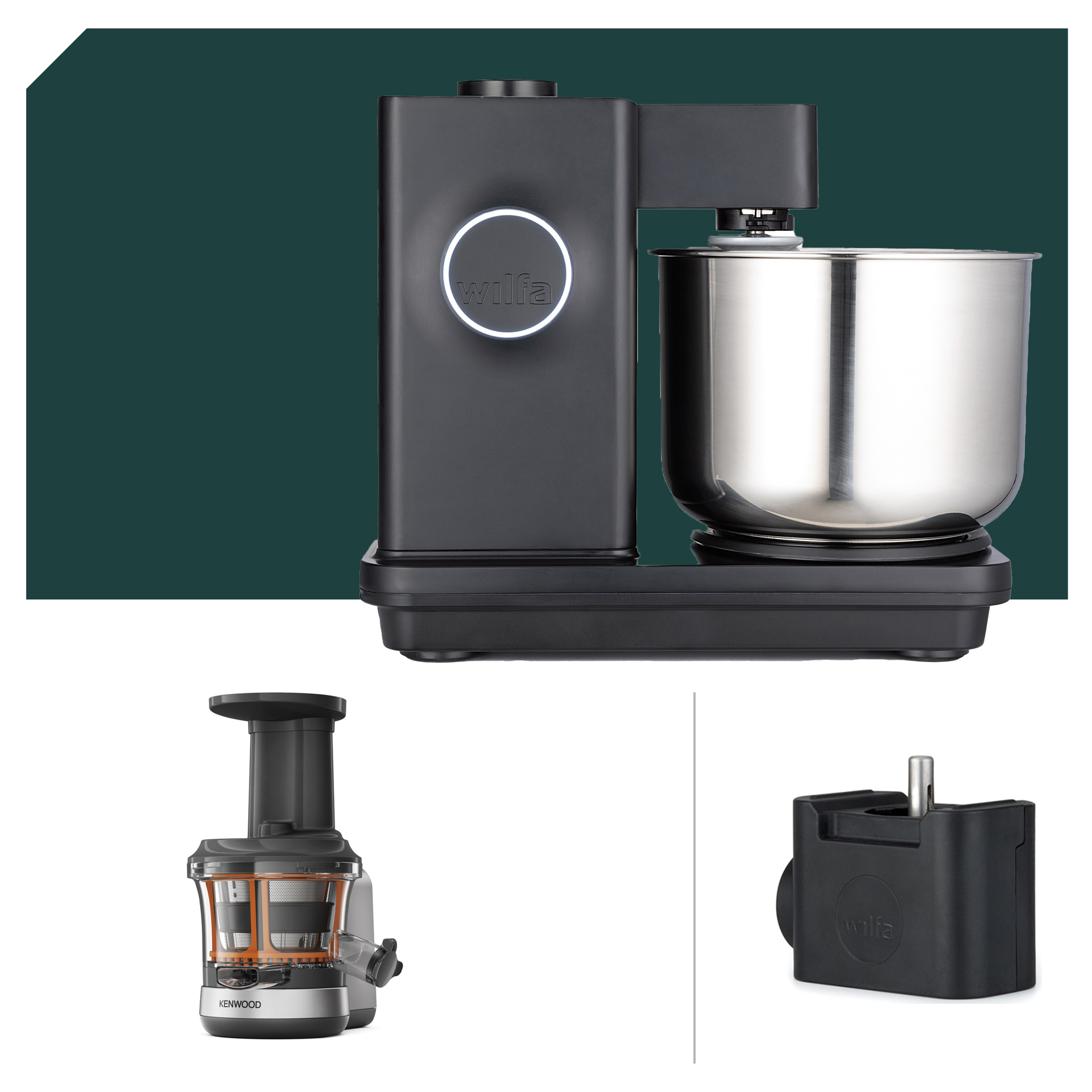 Küchenmaschinen Set: Wilfa Probaker KM1B-70 & KM2B-T70, Schwarz, inkl. Entsafter Paket, 5 Jahre Garantie, robust und vielseitig.